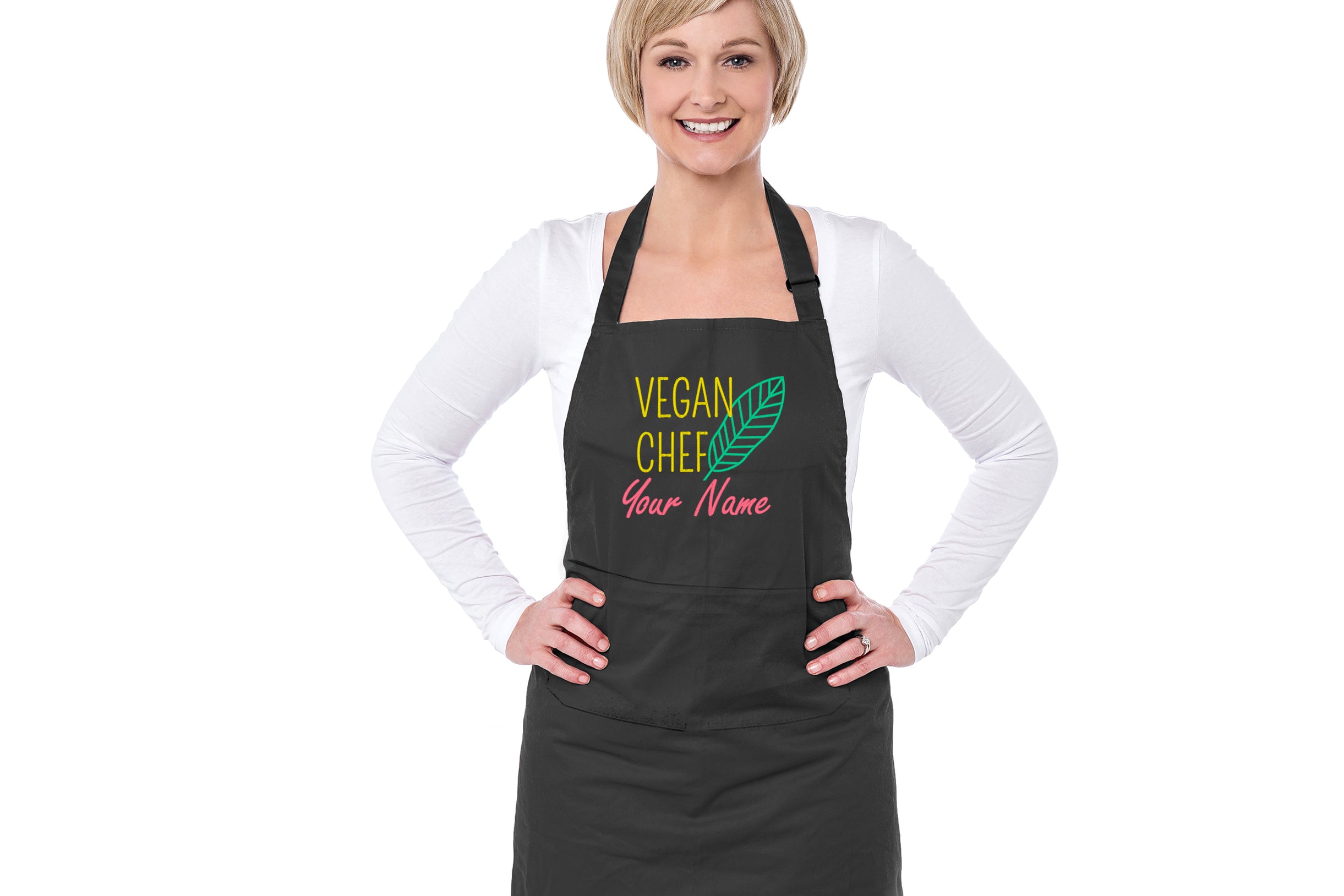Personalized vegan chef apron featuring colorful text design, perfect for cooking enthusiasts and chefs.