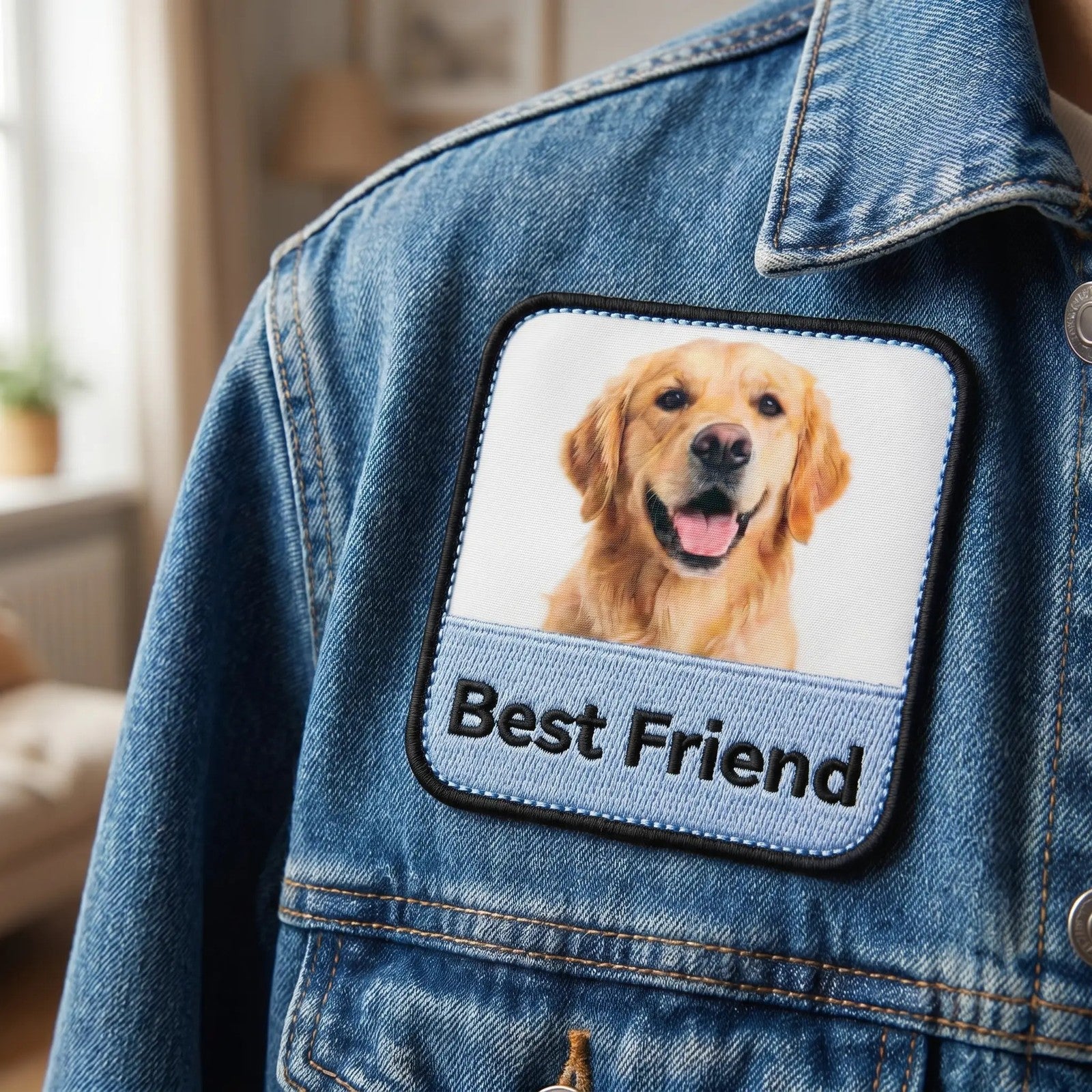 Photo patch sewn on a denim jacket