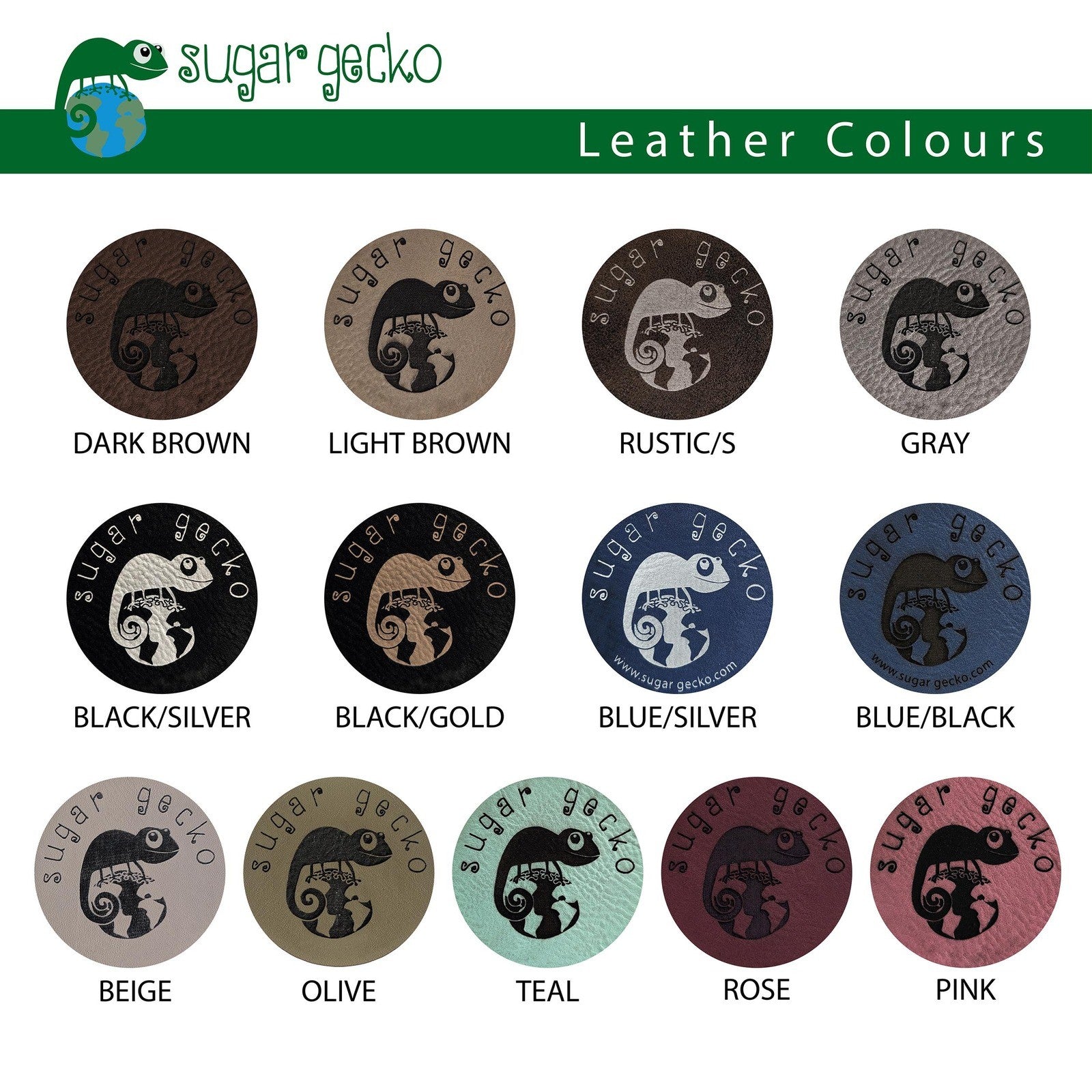 Leather colour chart with 13 shades from dark brown to pink
