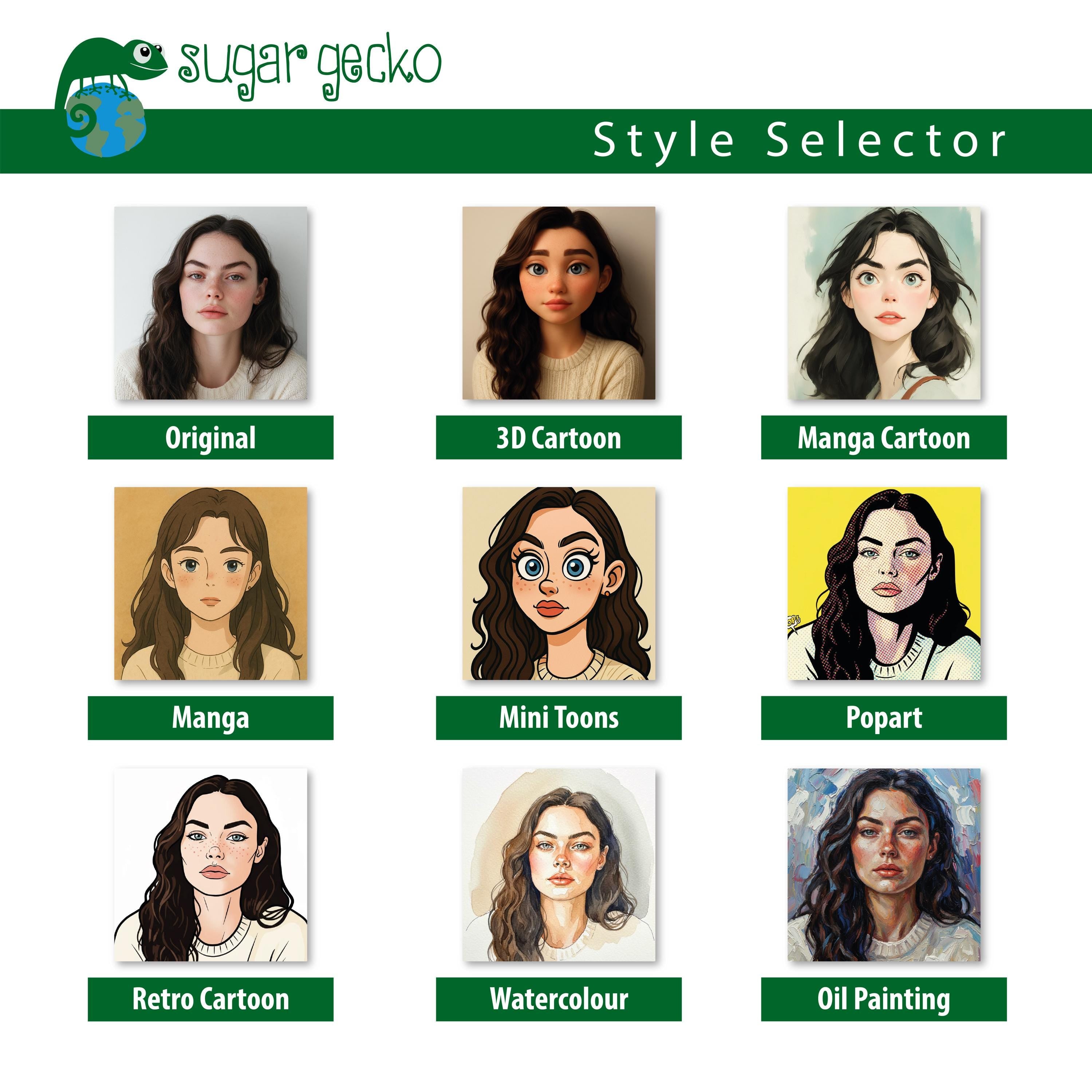 The image is a collage of nine different images, each depicting a woman's face in various styles and artistic representations. The images include original, 3D cartoon, manga, mini toons, popart, retro cartoon, watercolour, and oil painting.