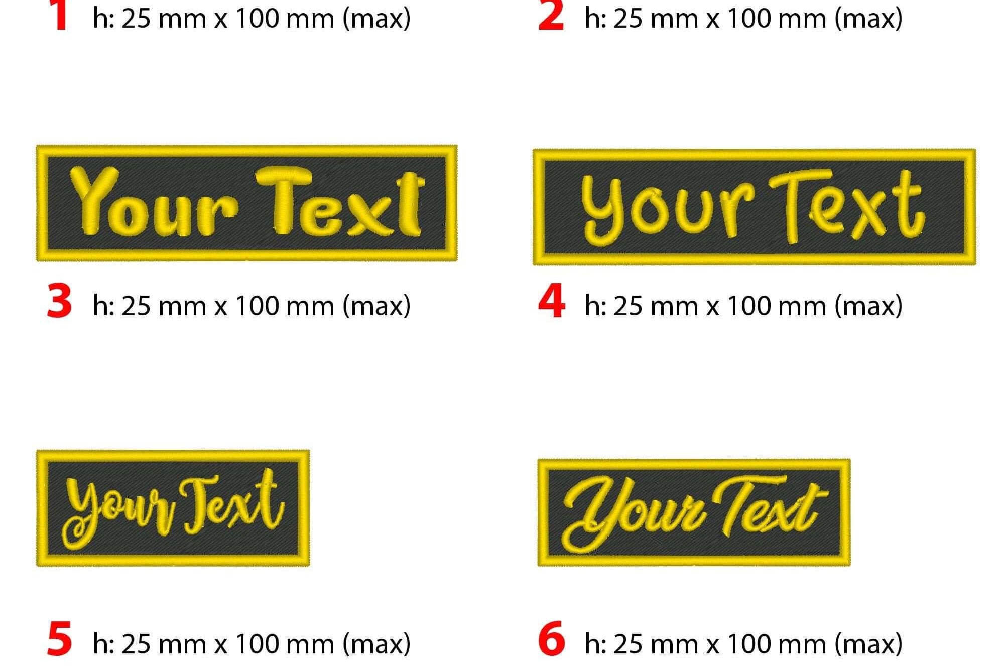 Custom embroidered name patches in various styles and sizes on felt backing, showcasing personalization options.