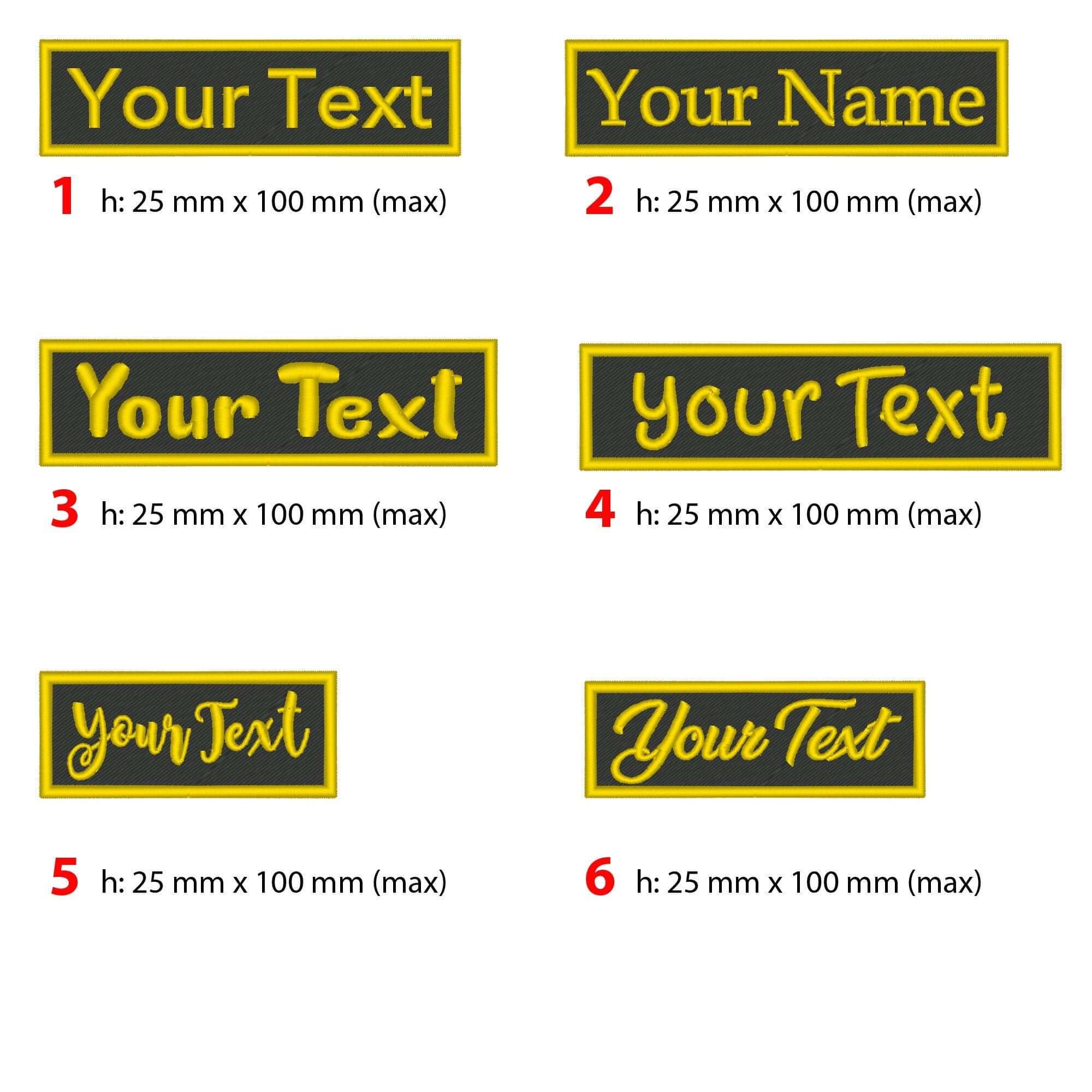 Custom embroidered name patches in various styles and sizes on felt backing, showcasing personalization options.