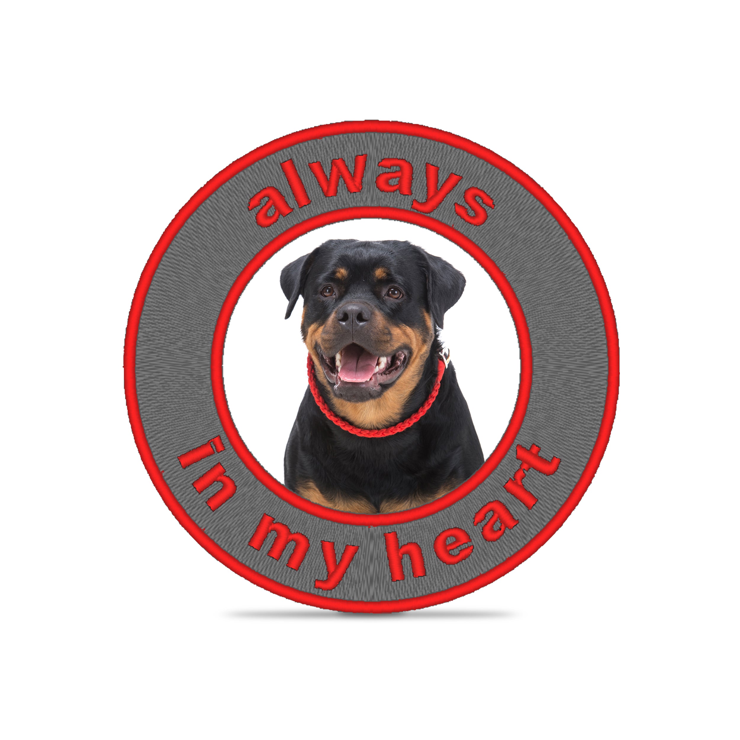 Circular embroidered patch featuring a Rottweiler with the text 'always in my heart'.