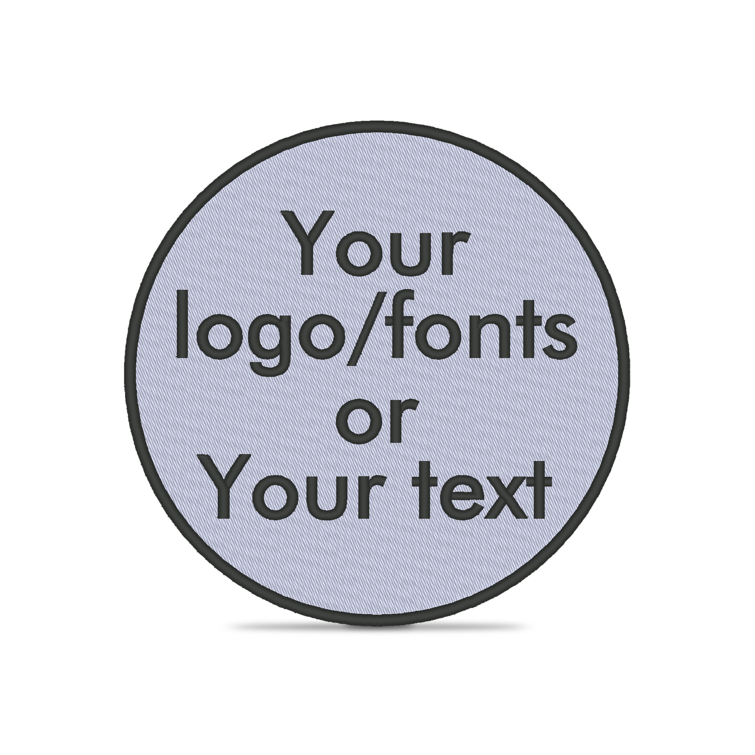 Custom embroidered patch displaying customizable text for logo or name on a light blue background.