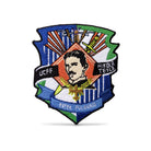 Custom embroidered patch featuring Nikola Tesla with vibrant colors and detailed stitching.
