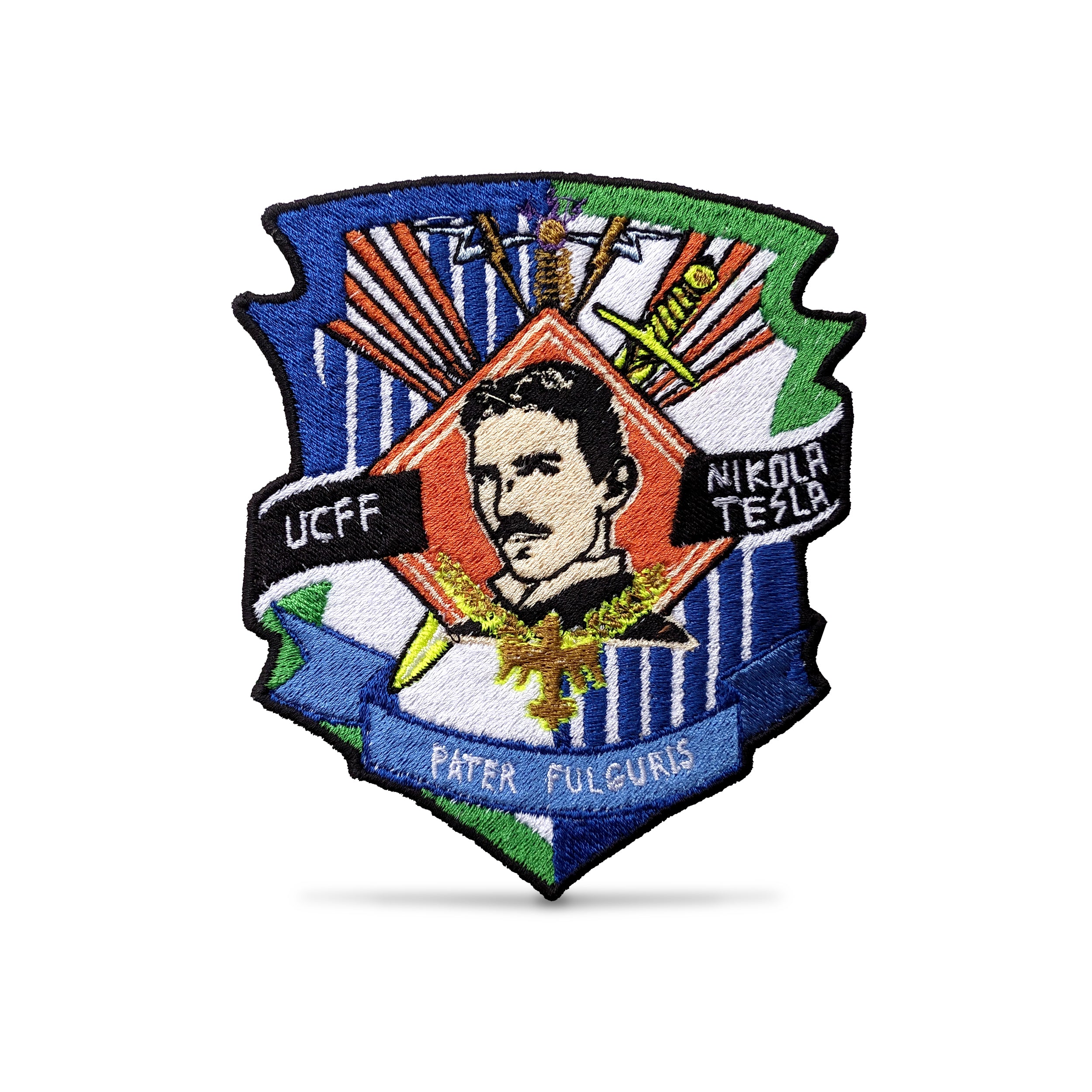 Custom embroidered patch featuring Nikola Tesla with vibrant colors and detailed stitching.