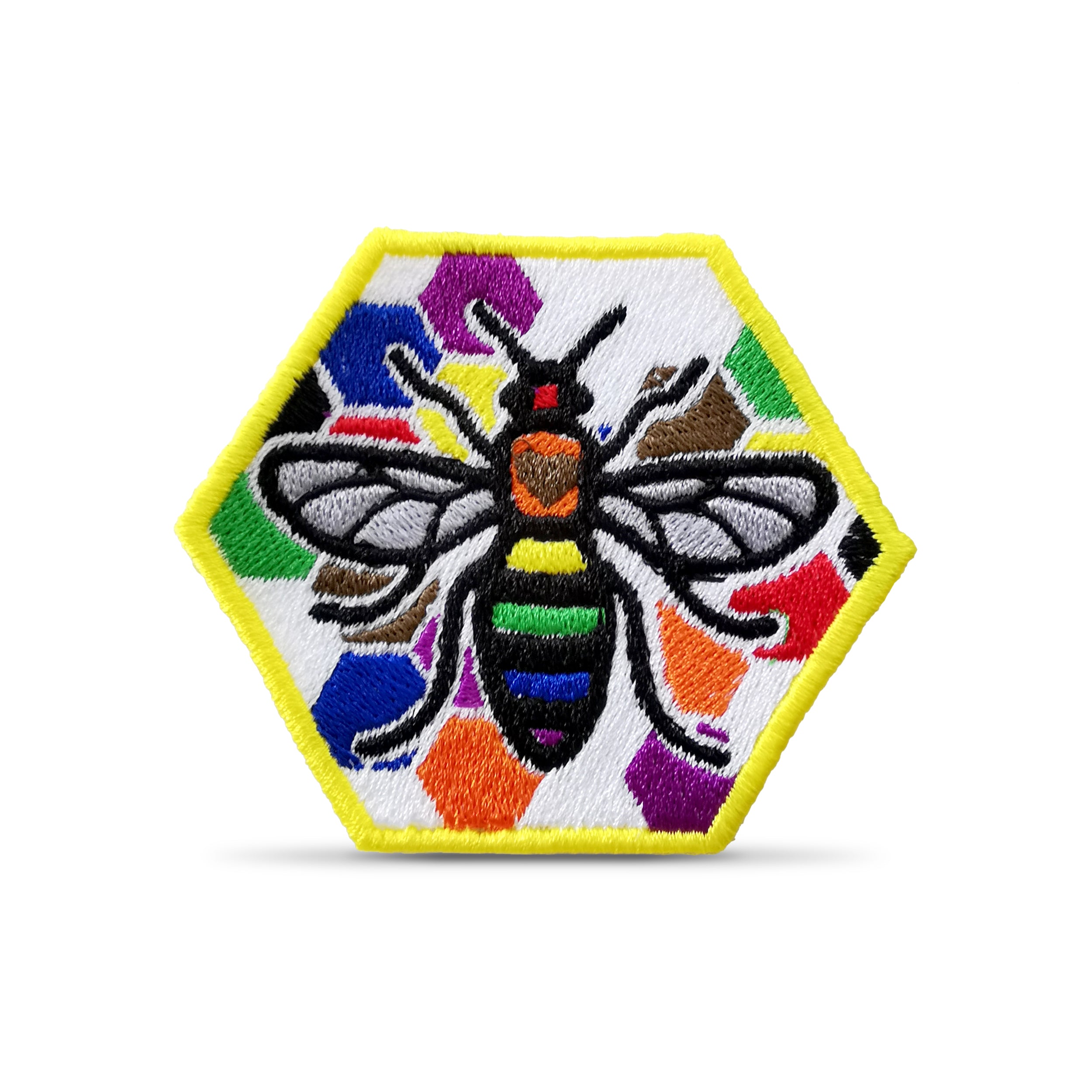 Colorful embroidered bee patch in hexagon shape, featuring detailed stitching and vibrant threads.