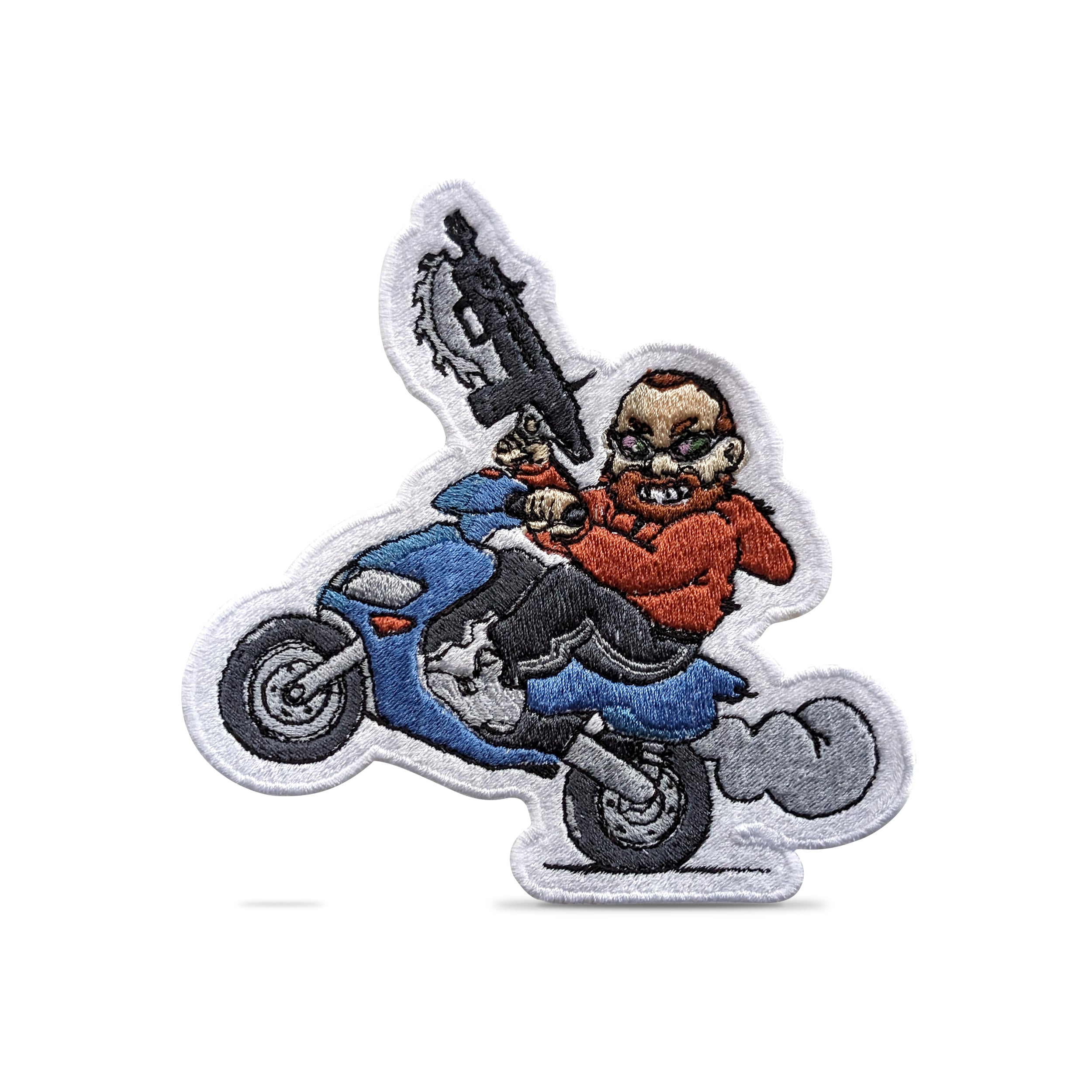 Embroidered patch featuring a cartoon character on a motorcycle with a weapon, detailed 100% embroidery design.