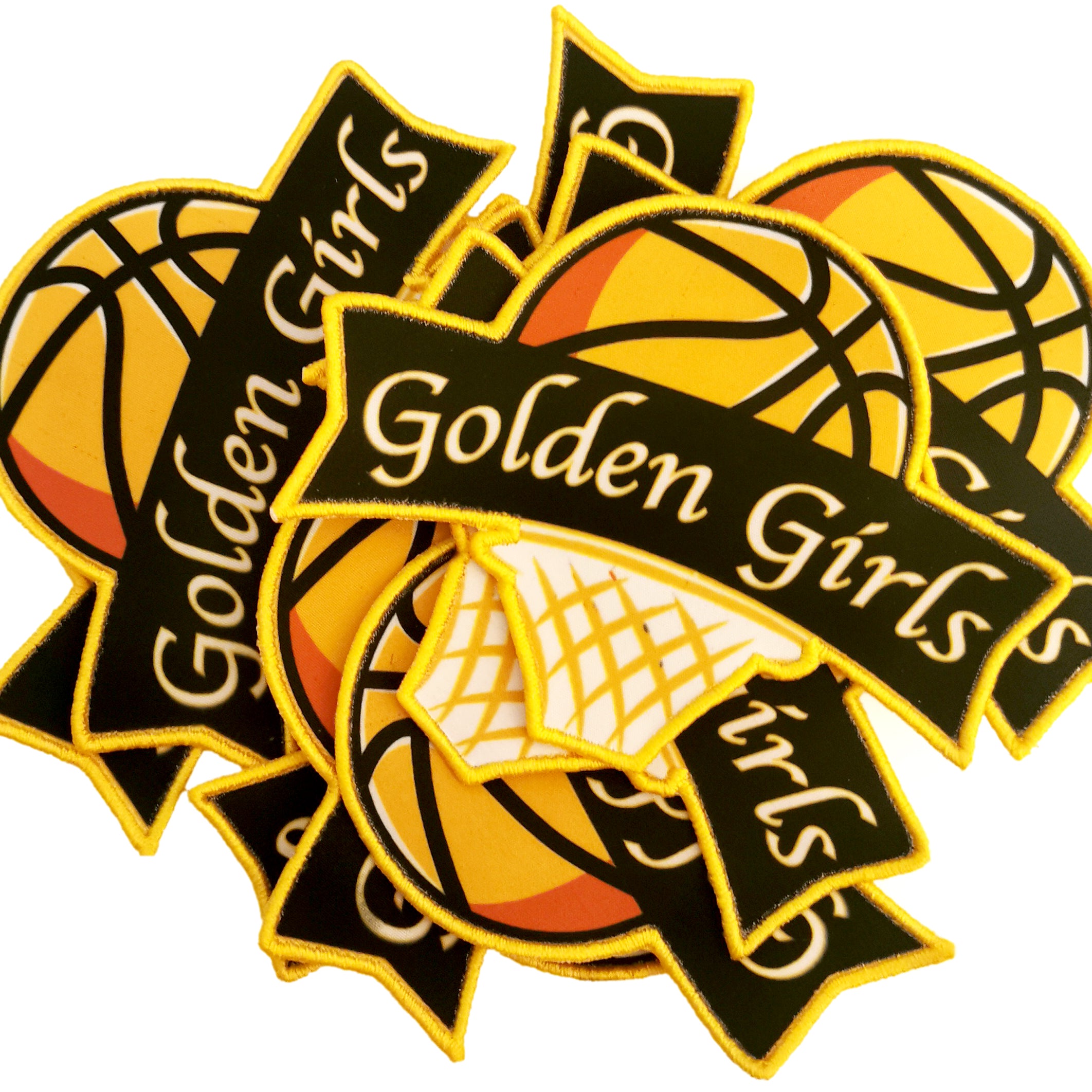 Custom embroidered patches featuring 'Golden Girls' with basketball design, vibrant colors, and durable fabric.