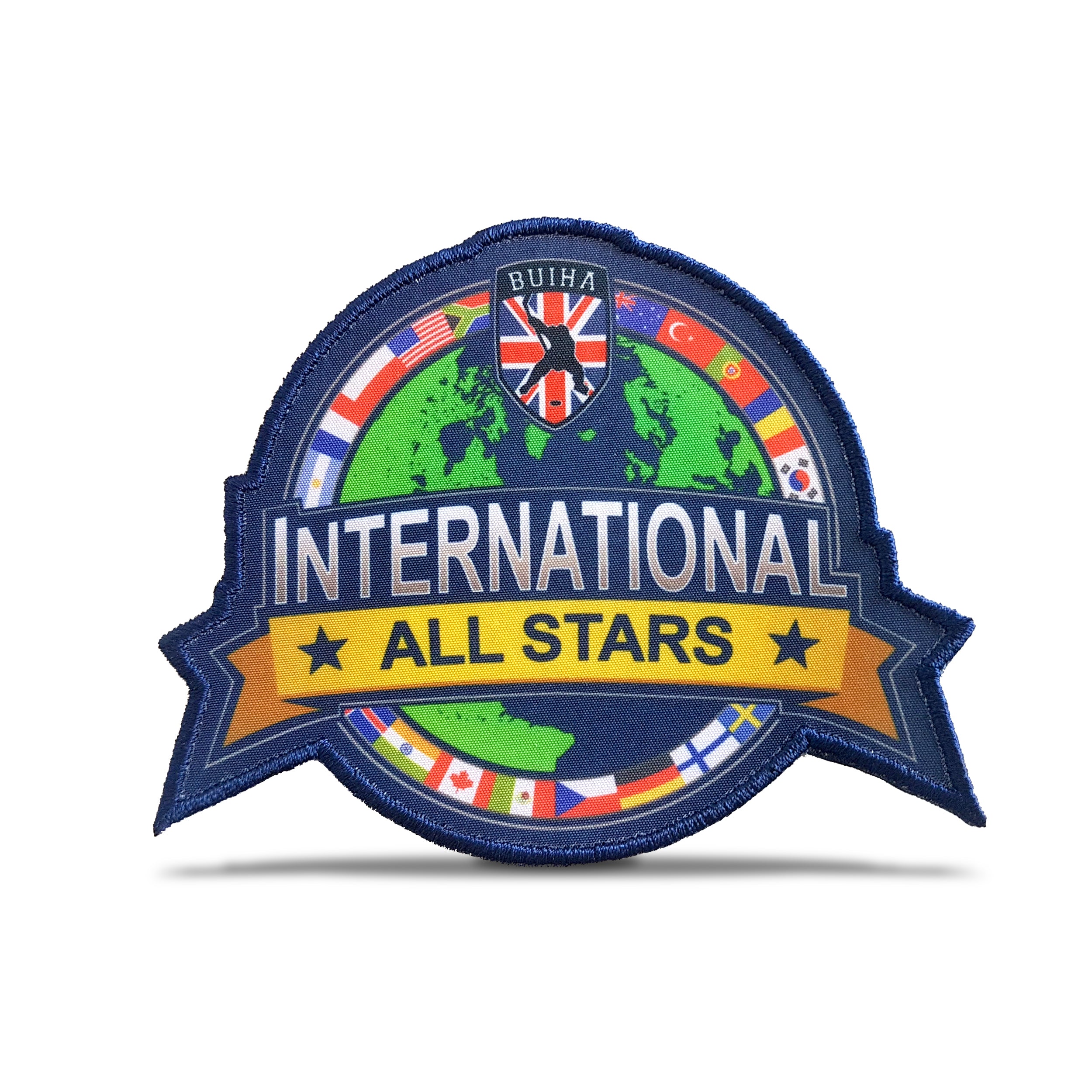 Custom embroidered patch featuring 'International All Stars' with flags and globe design.