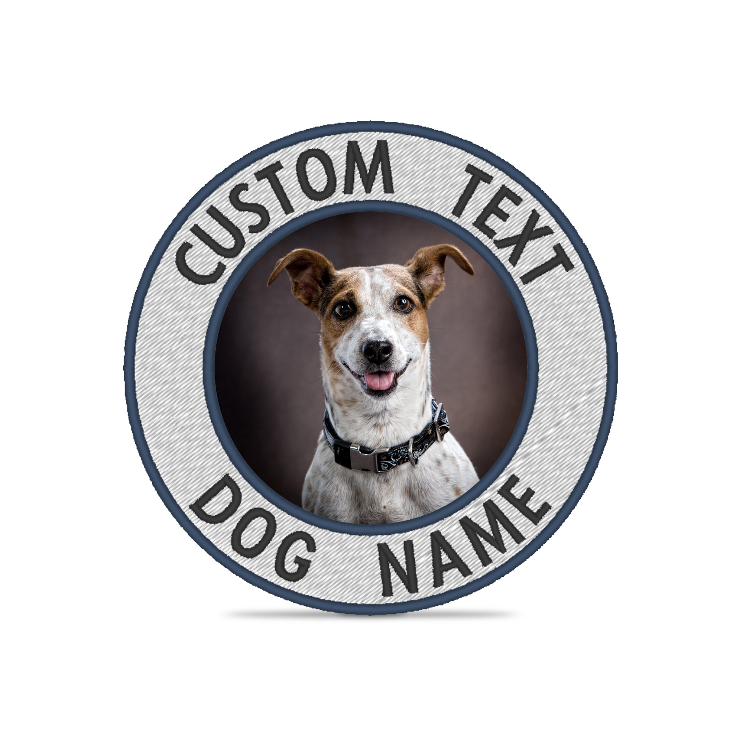 Custom embroidered dog name patch with vivid colors and personalized text, suitable for collars and jackets.