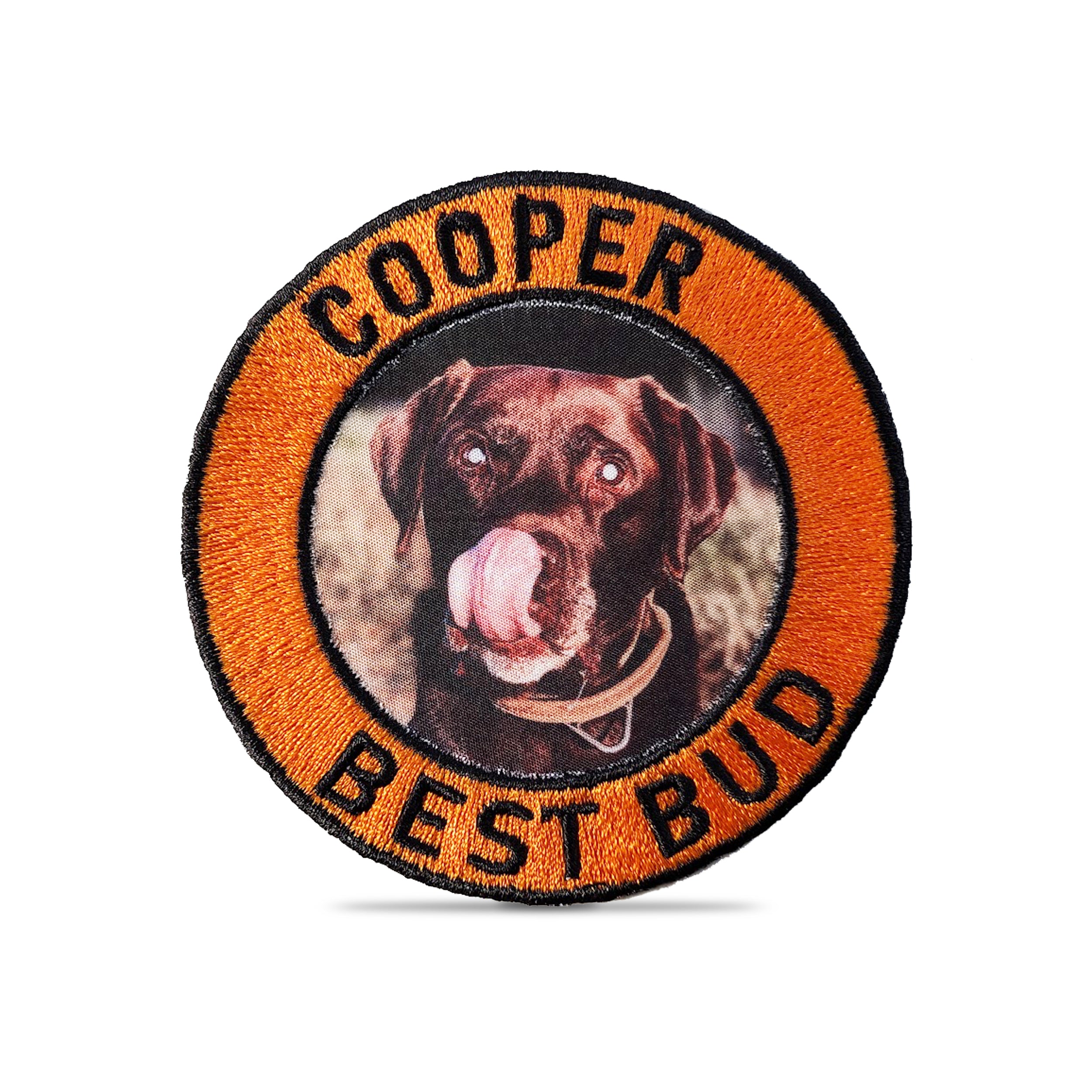 Circle embroidered patch featuring a dog, text 'COOPER BEST BUD' in orange, vibrant colors, customizable decoration for clothing.