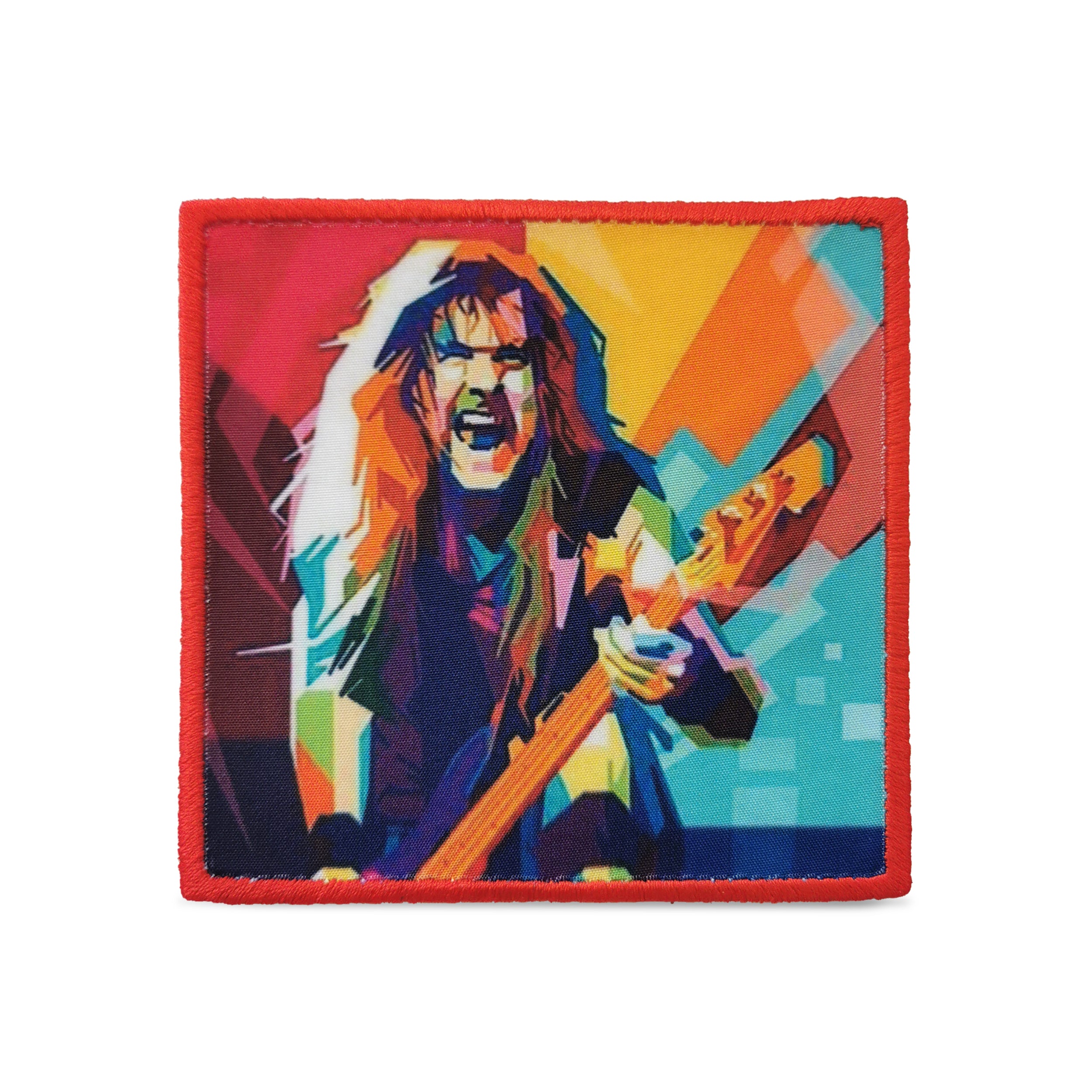 Custom embroidered patch featuring a colorful design of a guitarist, vibrant fabric, machine washable.