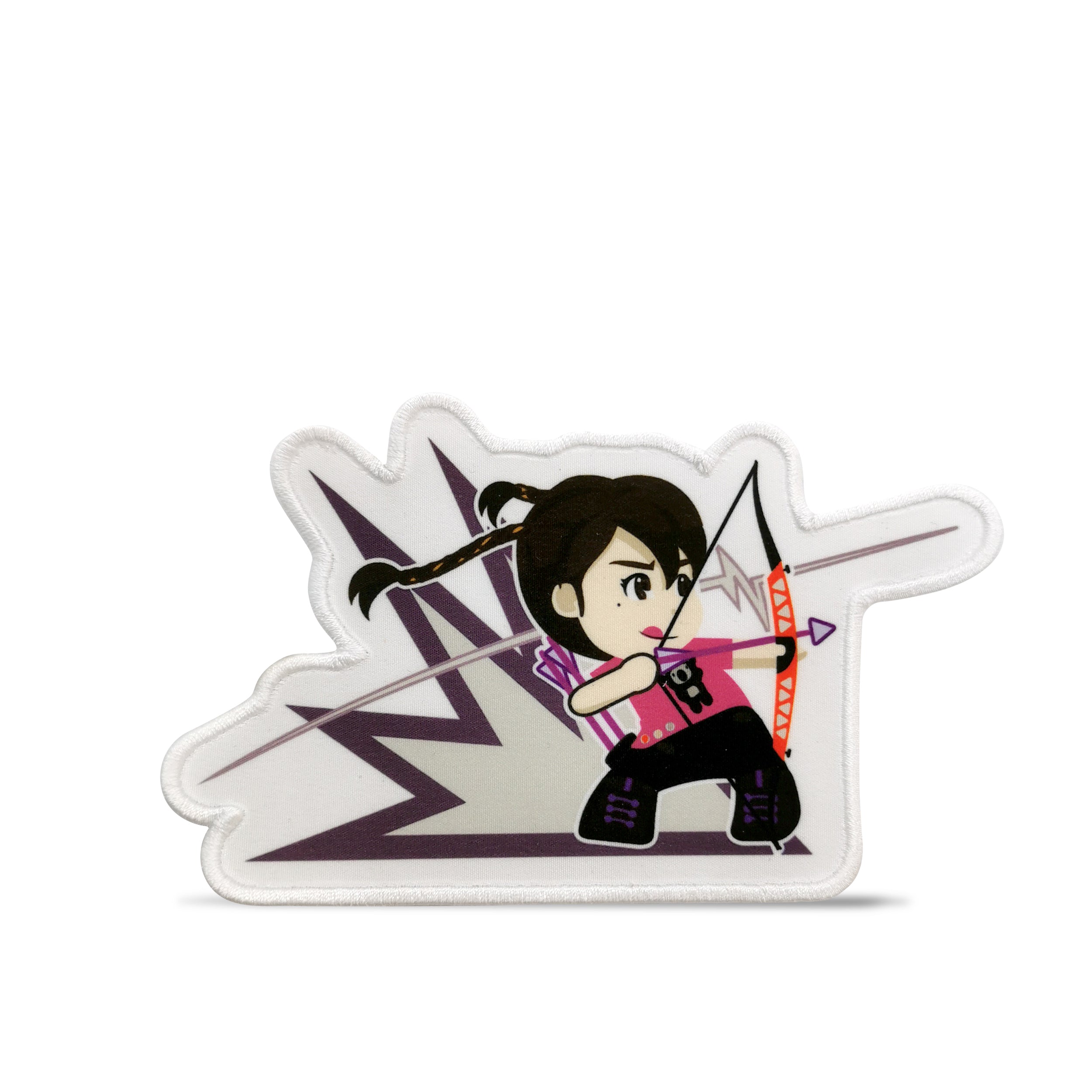 Custom embroidered patch featuring a cartoon girl shooting an arrow, designed with vibrant colors and detailed printing.