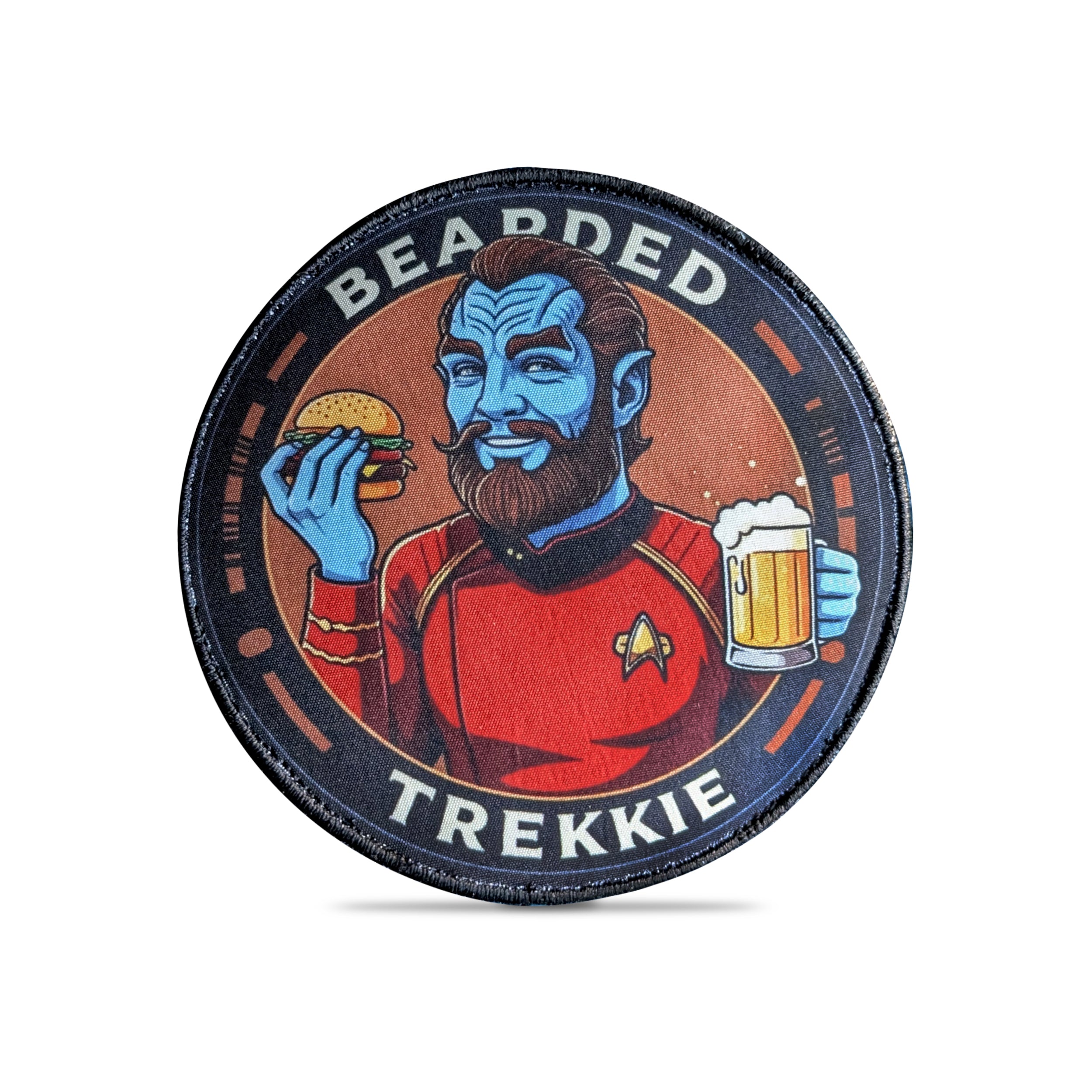 Custom embroidered patch featuring a blue-skinned bearded character with a burger and beer, labeled 'Bearded Trekkie'.