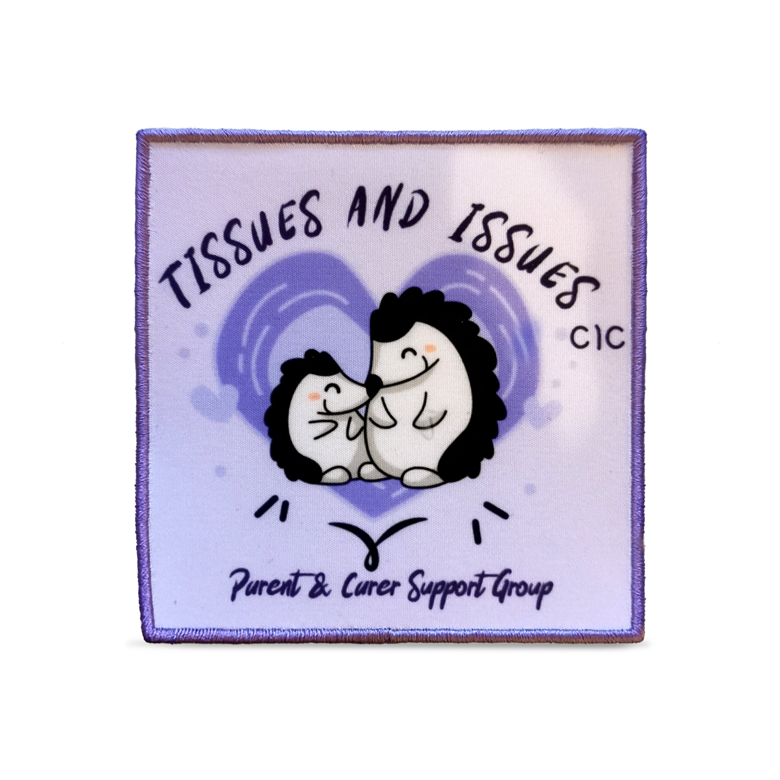 Custom embroidered patch for Tissues and Issues Parent & Carer Support Group, featuring cute hedgehogs.
