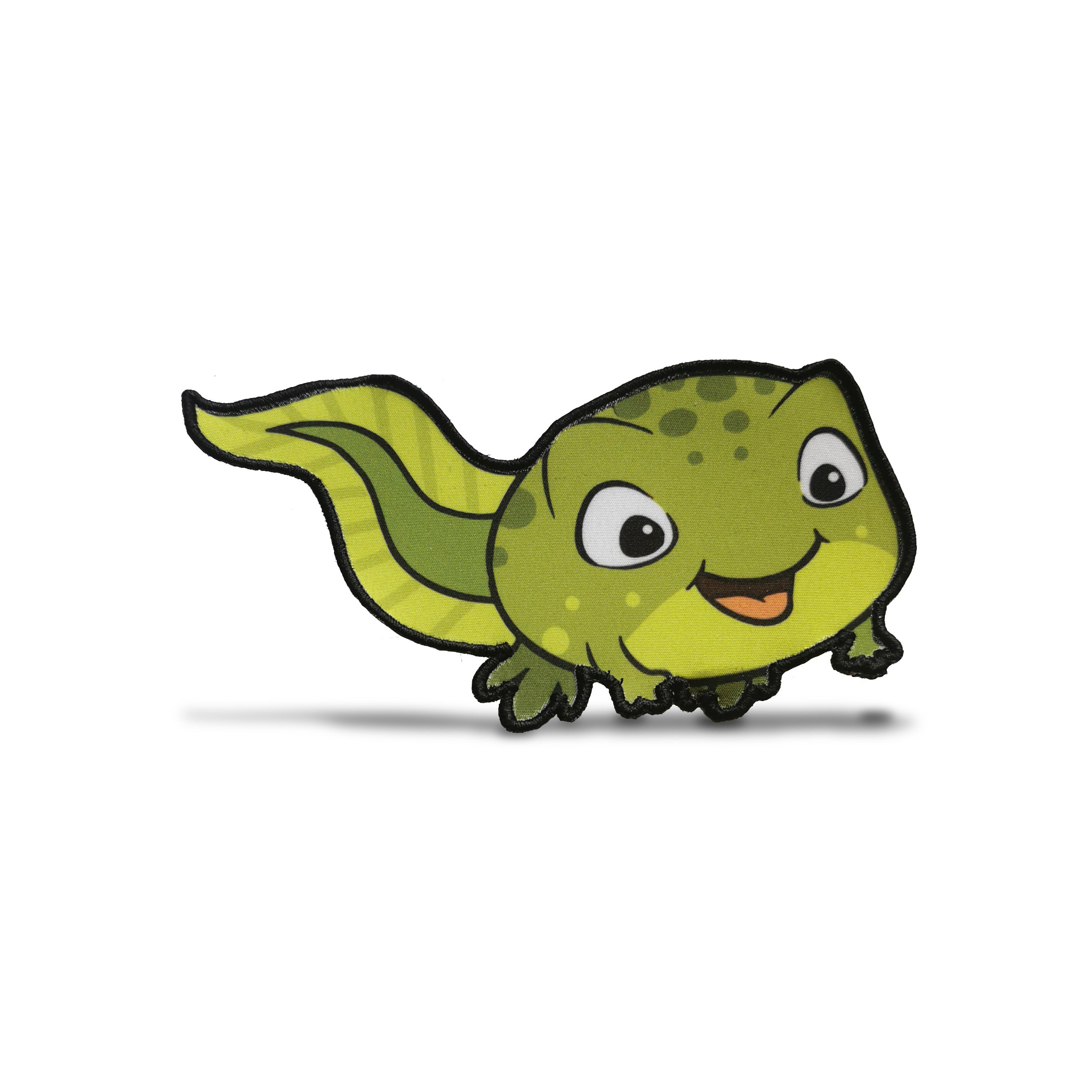 Cute cartoon green fish patch with big eyes and a happy smile, perfect for embroidery projects.