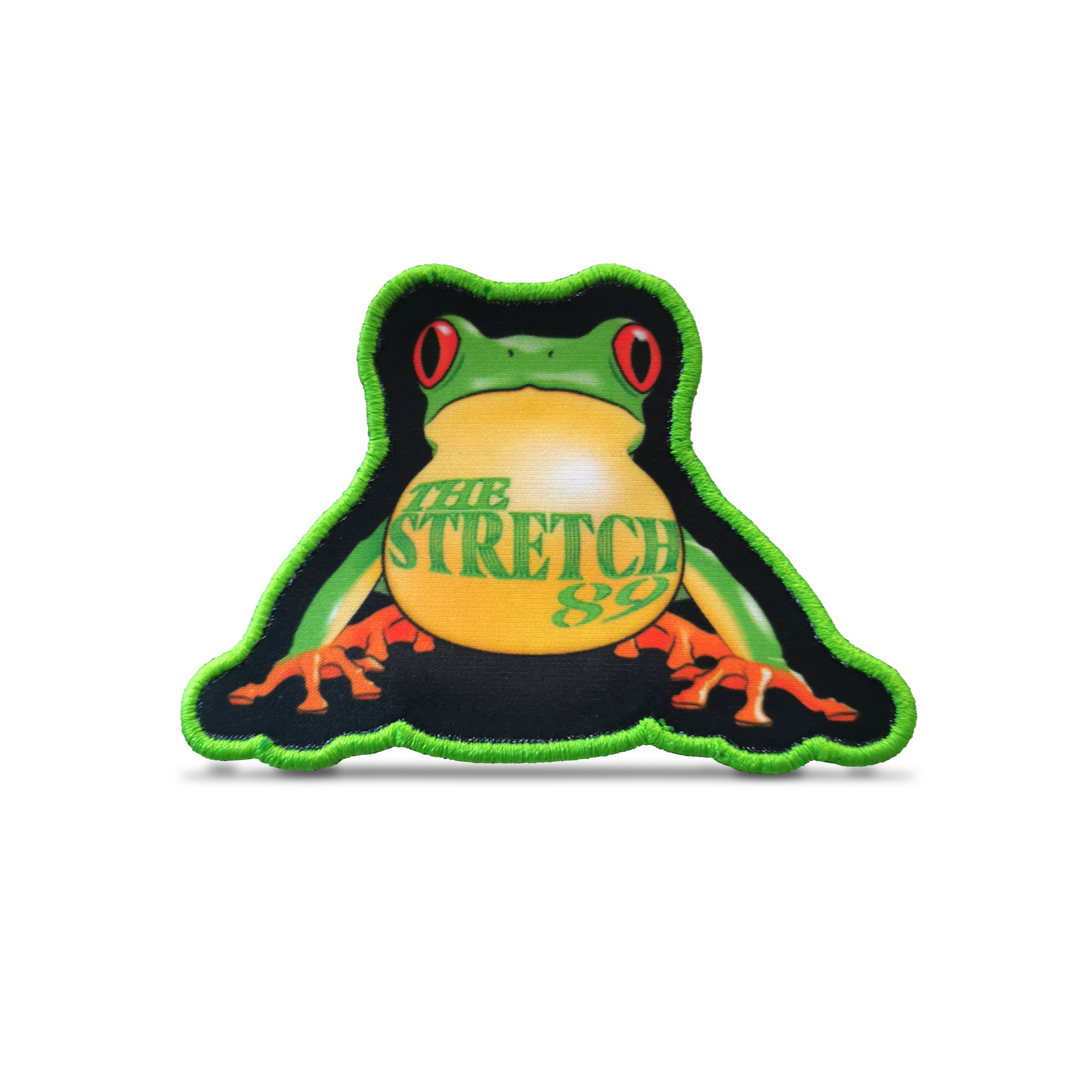Custom embroidered patch featuring a vibrant frog design with the text 'THE STRETCH 89' in vivid colors.