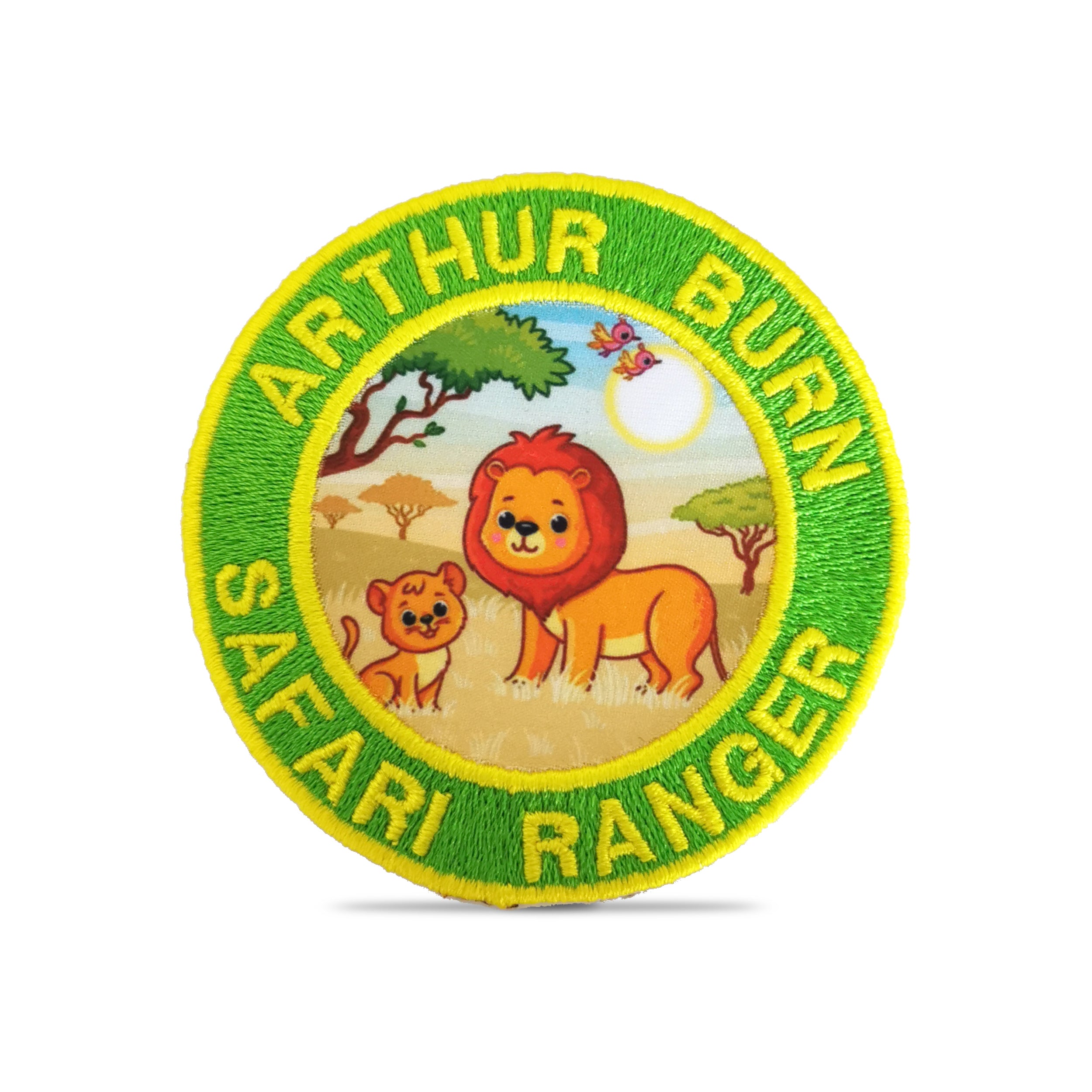 Colorful embroidered patch featuring a lion and cub, labeled 'Arthur Burn Safari Ranger' with vibrant safari background.