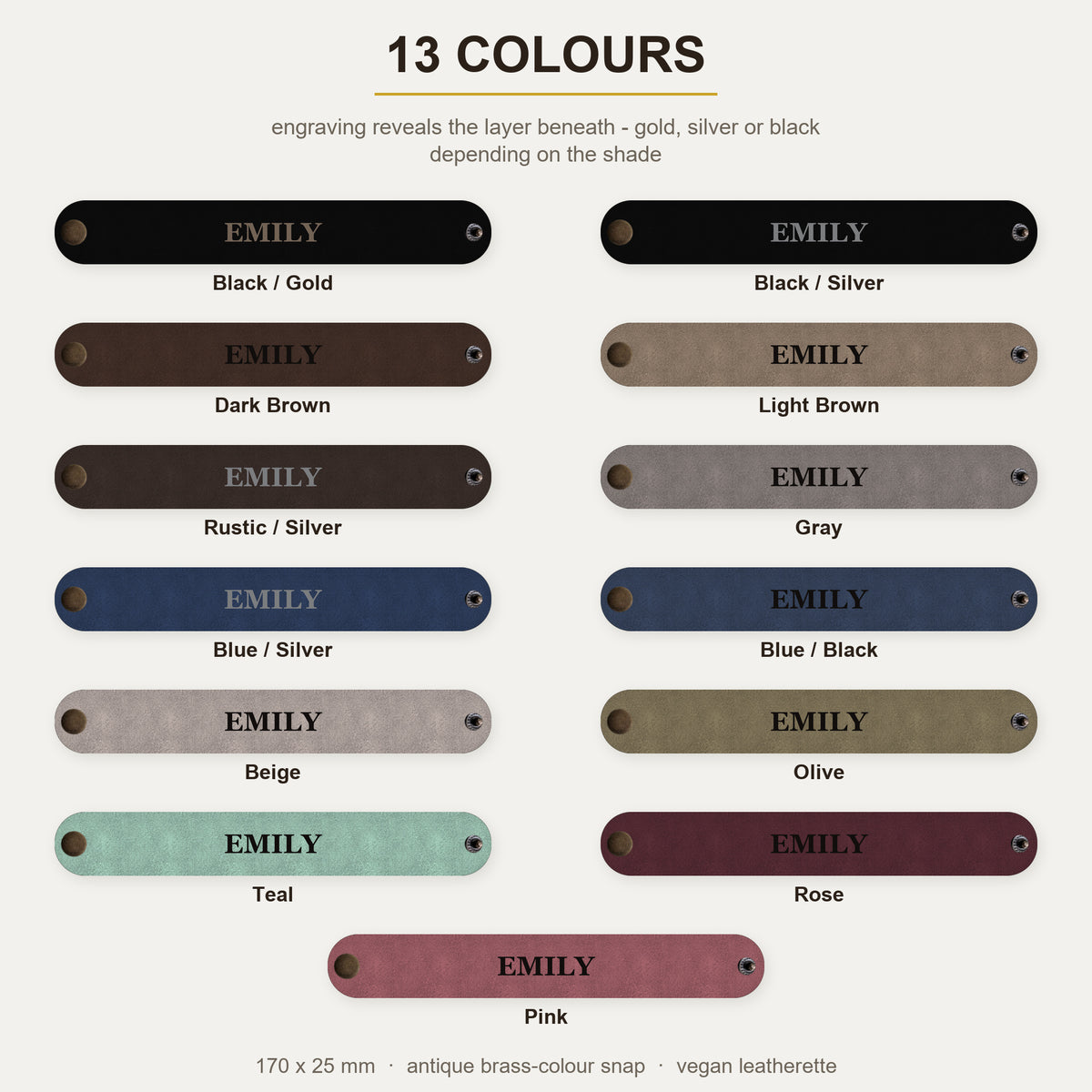 All thirteen napkin ring colours, each engraved with a sample name
