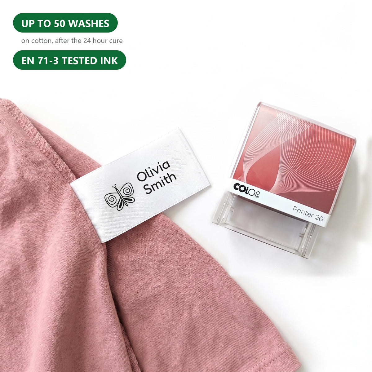 Self-inking clothing name stamp with EN 71-3 tested textile ink, up to 50 washes on cotton