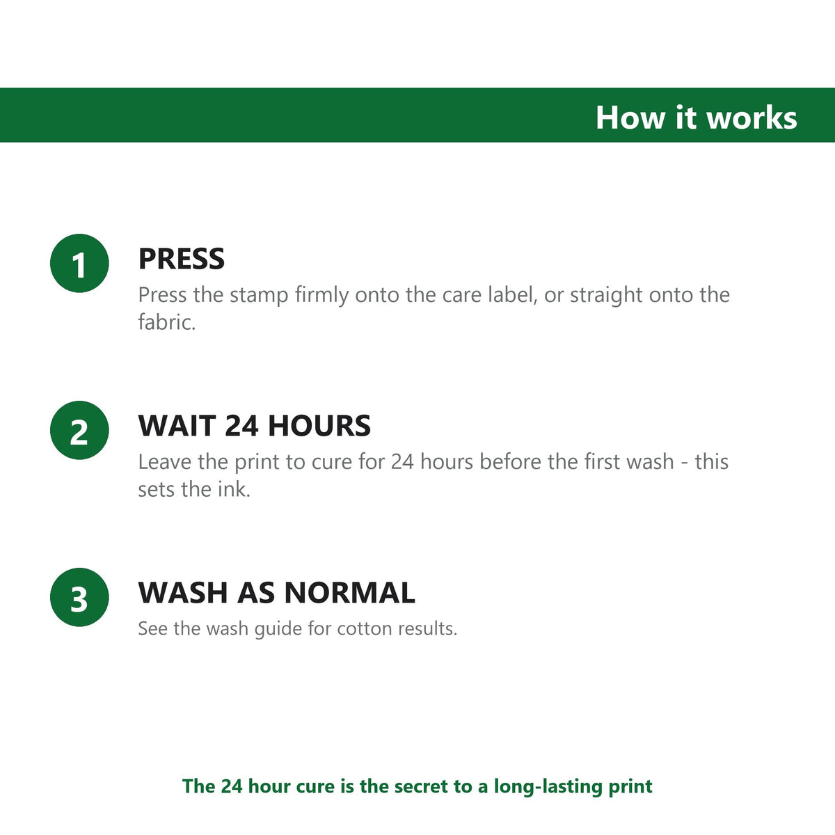 How to use the fabric name stamp: press, wait 24 hours, wash as normal