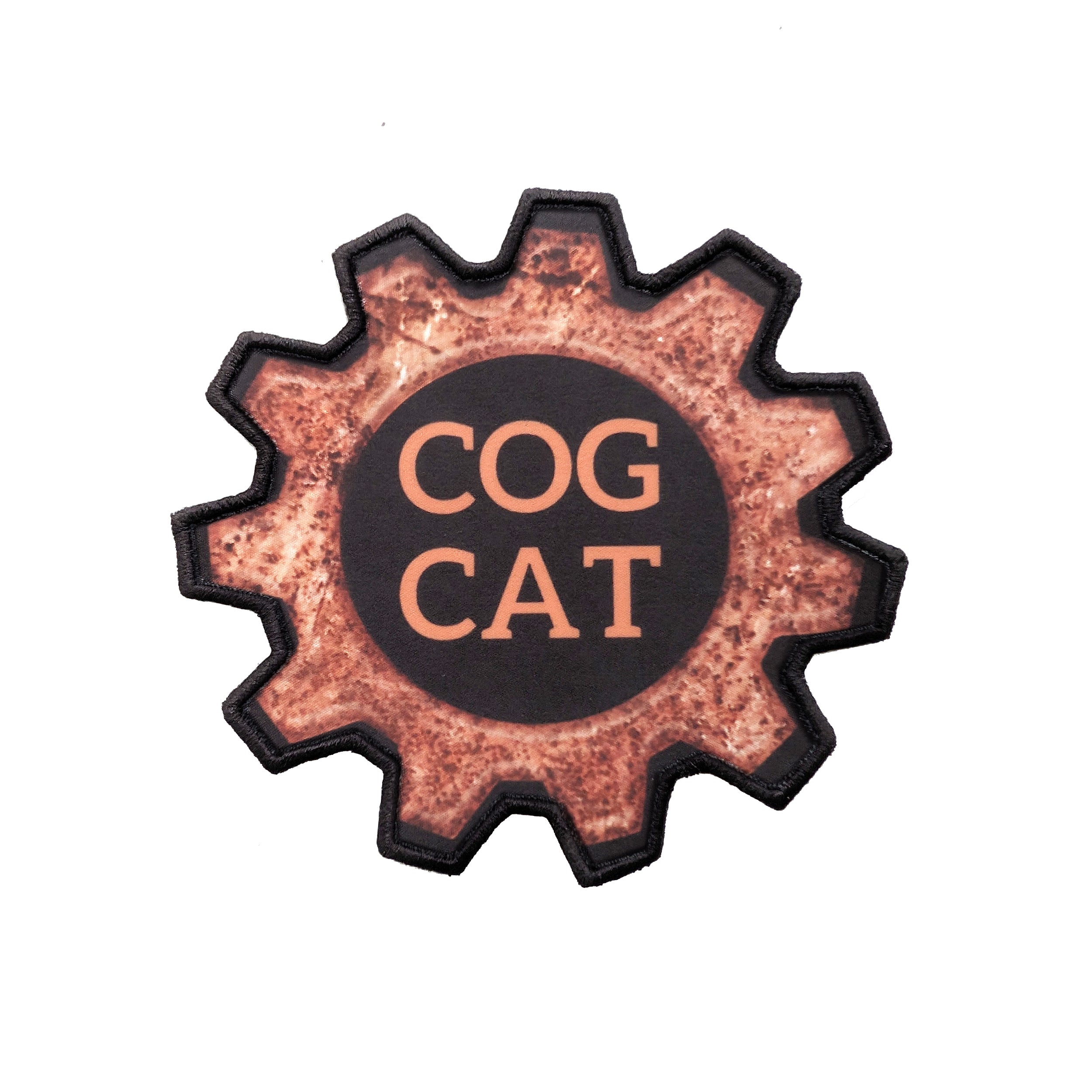 Custom embroidered patch featuring the text 'COG CAT' on a gear shape design.