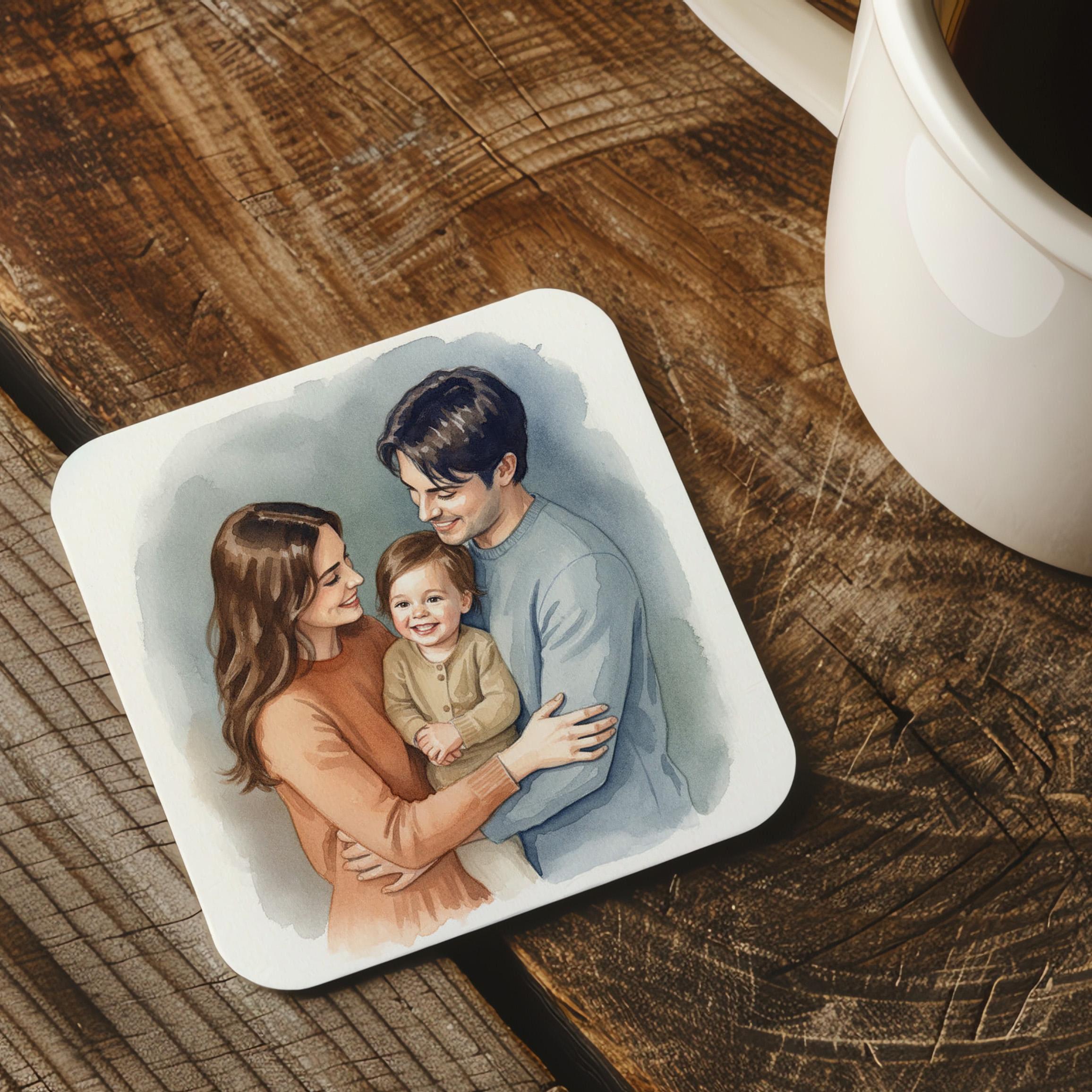 A family portrait of a man, woman, and child is displayed on a coaster, with a white mug visible in the background.