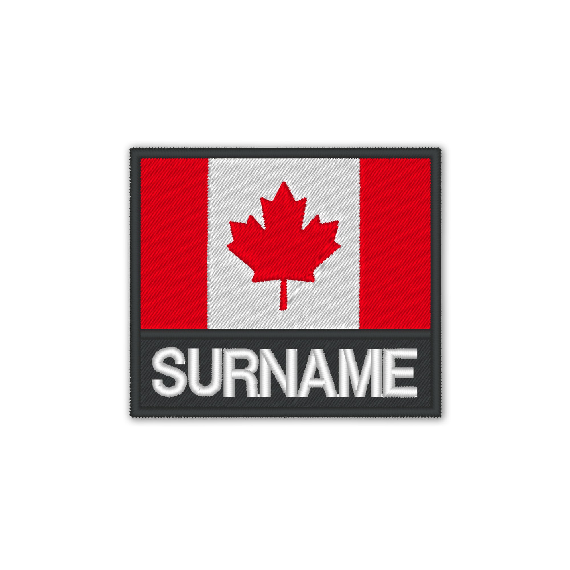 Personalised Canada flag patch with custom name, embroidered, iron-on, vibrant colors, perfect for jackets or bags.