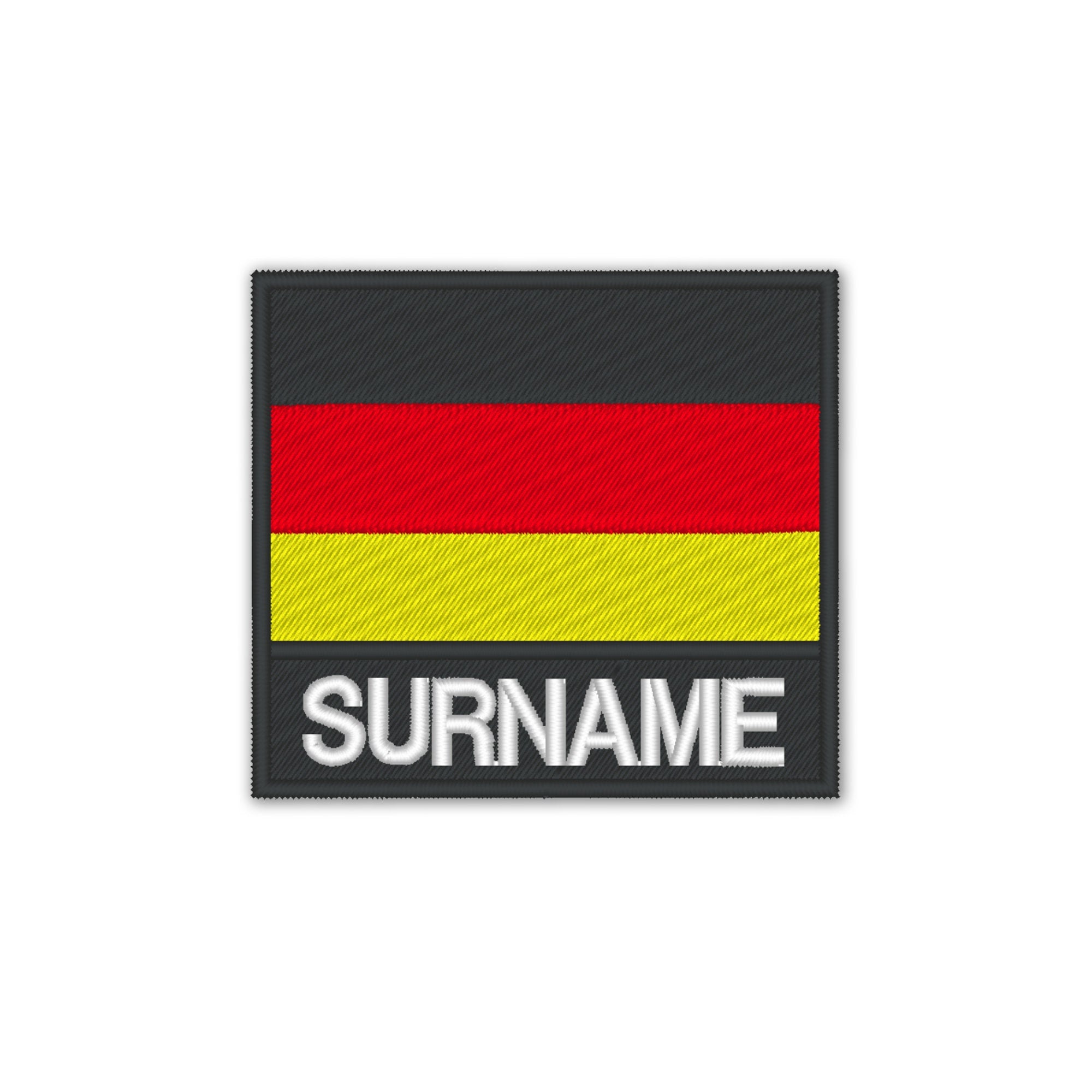 Personalized embroidered Germany flag patch with custom surname, perfect for bags and jackets.