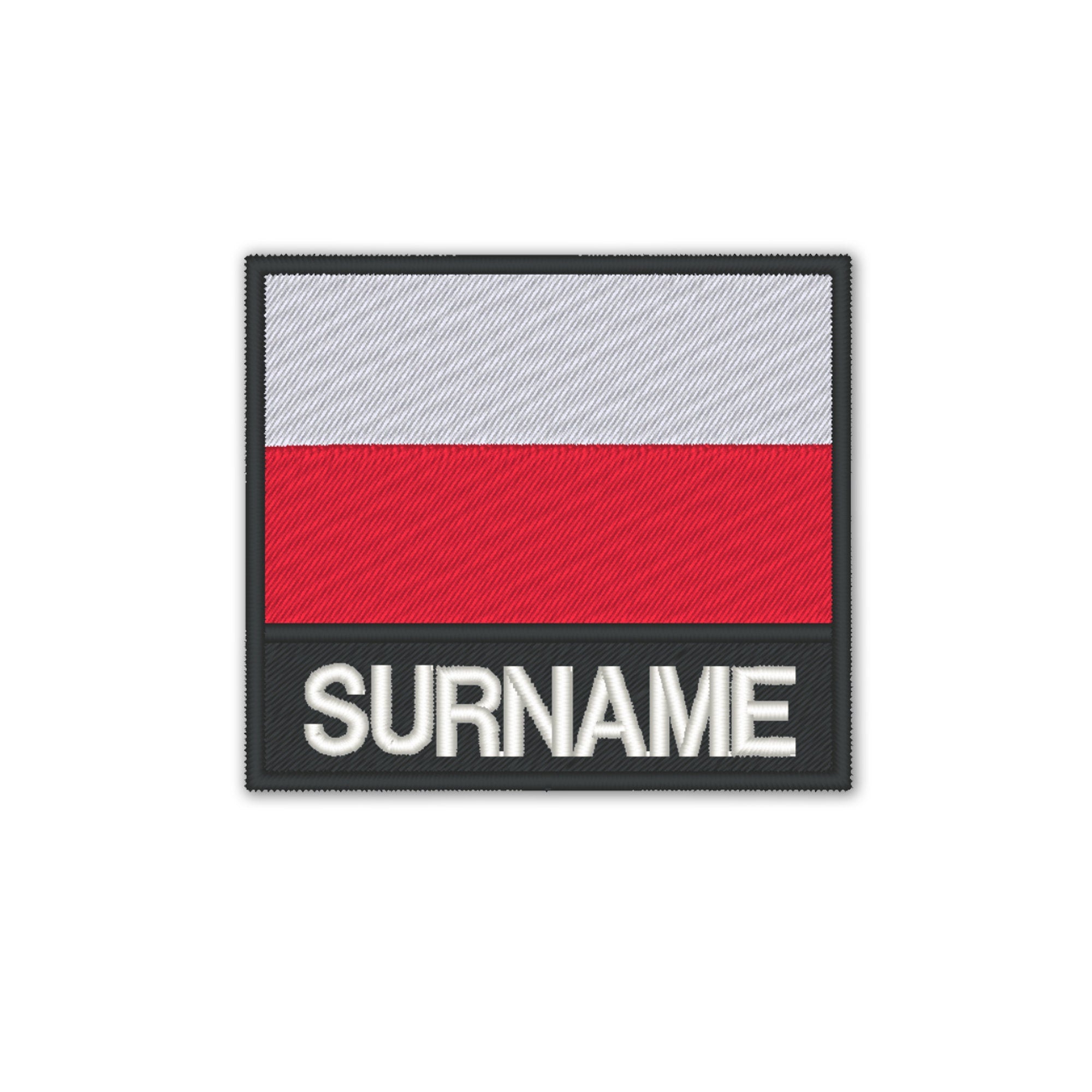 Personalised embroidered Poland flag patch with custom name, perfect for jackets, bags, and more.
