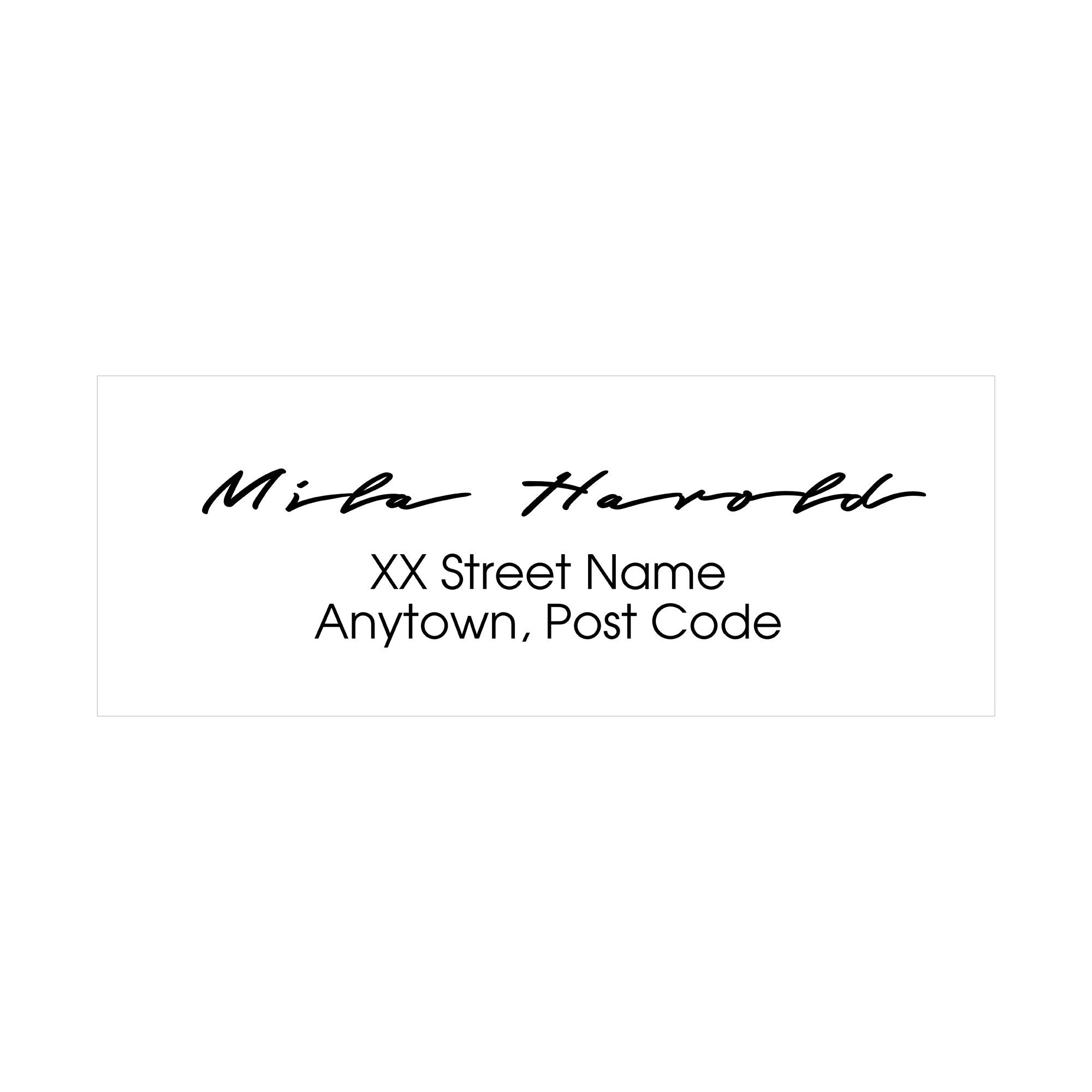 Custom address stamp featuring elegant handwritten style for returning address.