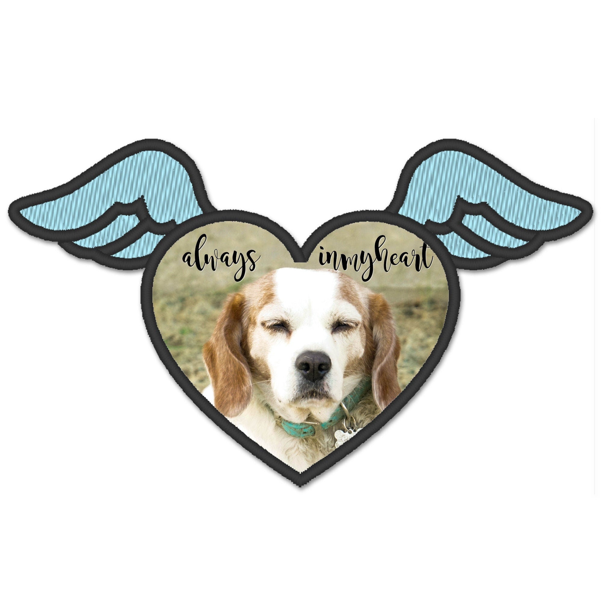 Heart-shaped embroidered patch with wings featuring a dog photo and the text 'always in my heart'.