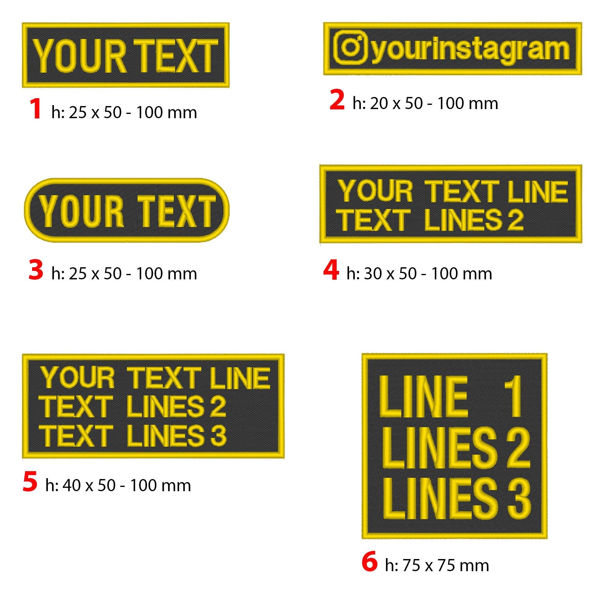 Personalized embroidered name patches in various sizes and styles for custom text.