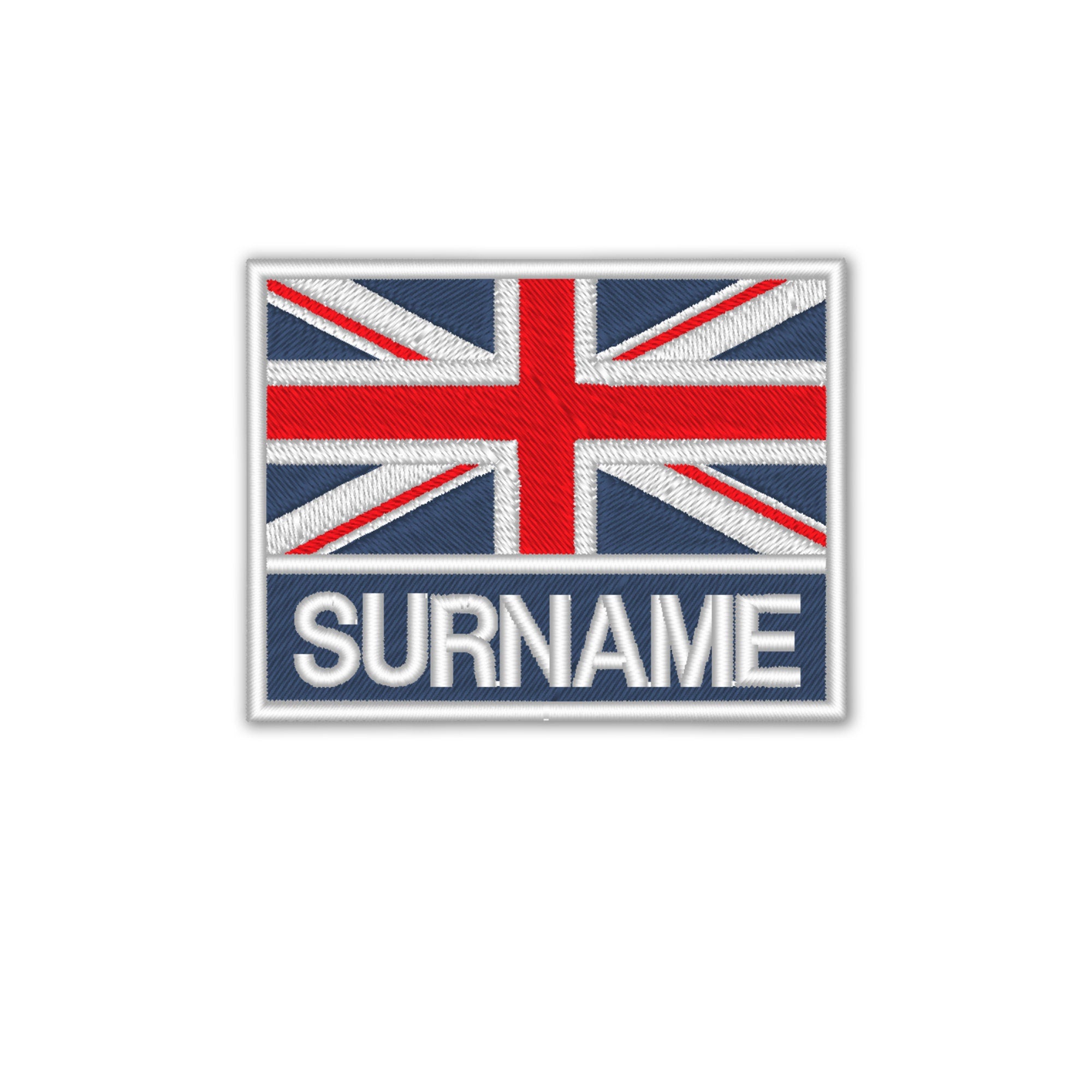 Personalised embroidered United Kingdom flag patch with custom surname text, ideal for jackets and bags.