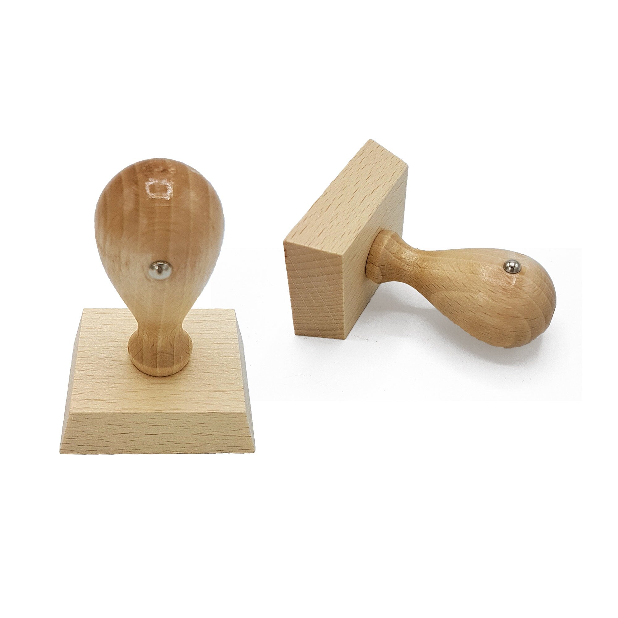Traditional wooden handle rubber stamp with rounded grip and square base for custom address stamping.