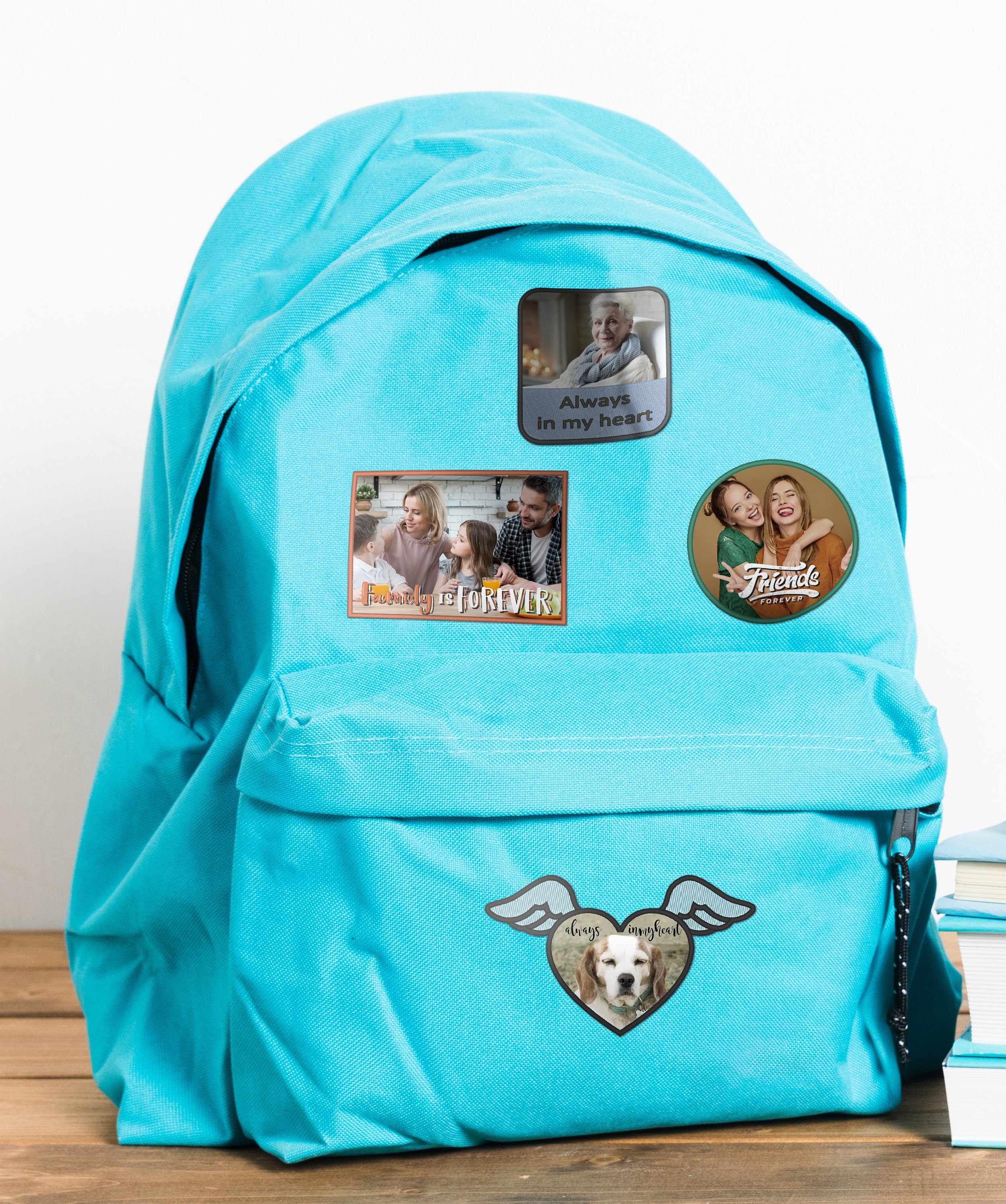 Turquoise backpack featuring photo patches and badges for personalizing bags and expressing style.