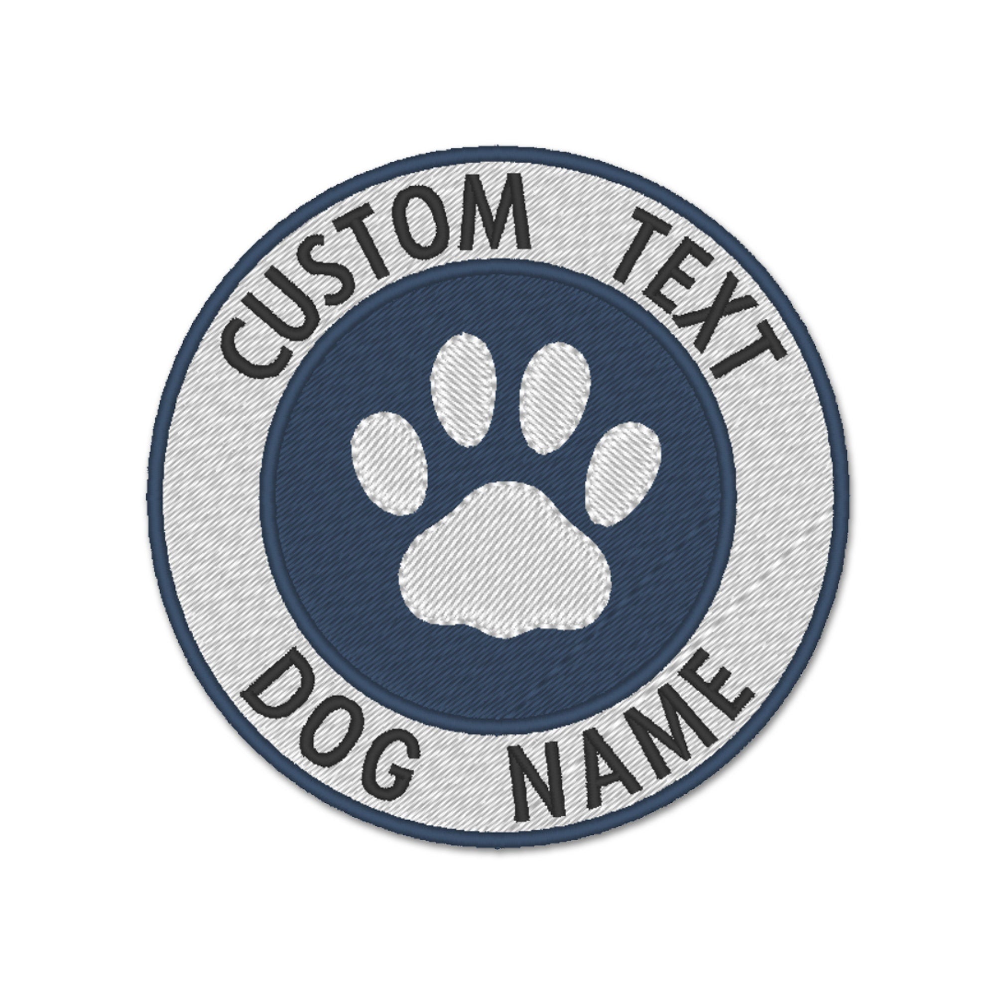 Personalised embroidered circle dog patch with custom text and paw print design, size max. 8cm.