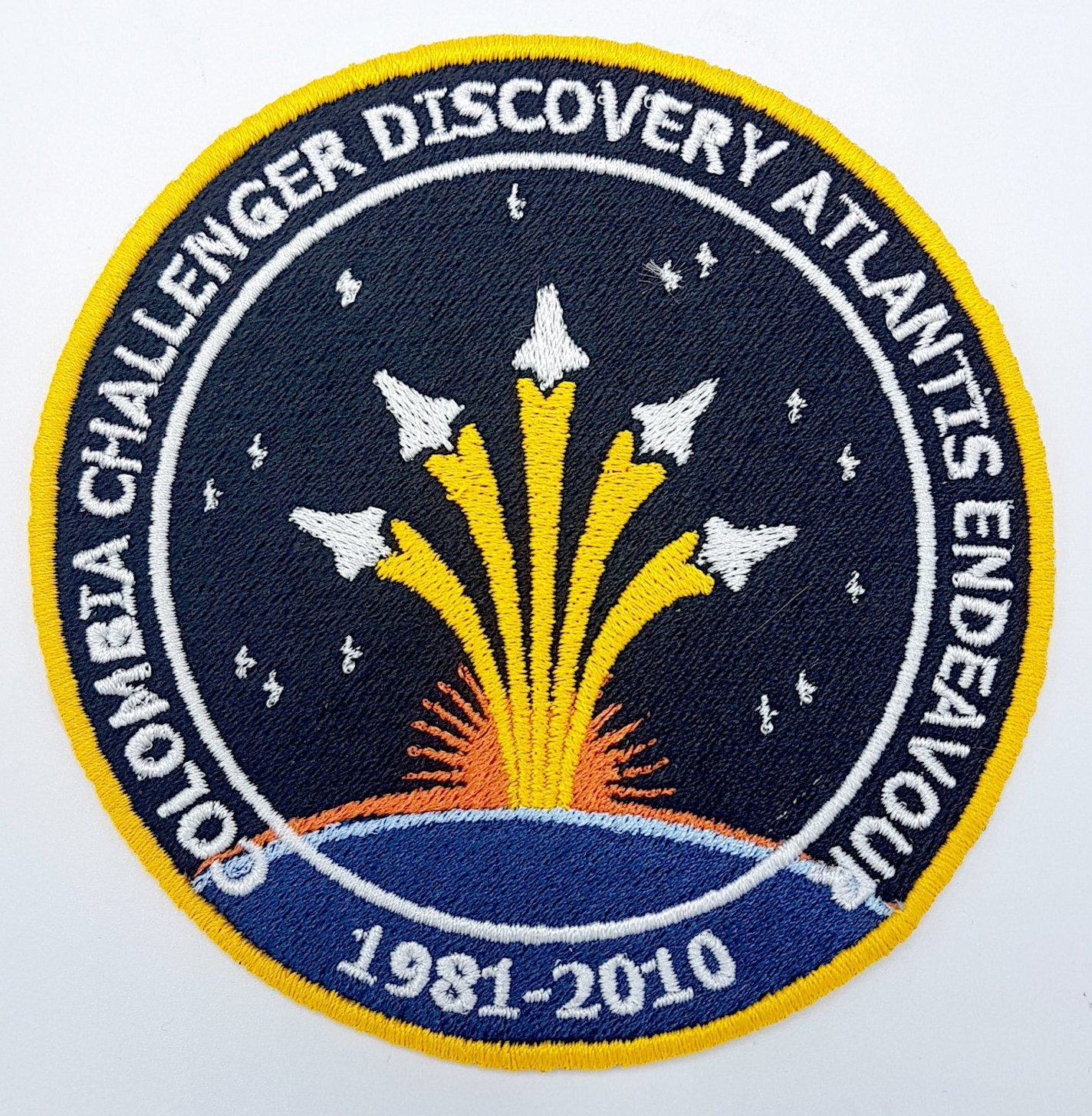 Embroidered patch featuring NASA shuttle names and launch design, celebrating missions 1981-2010.
