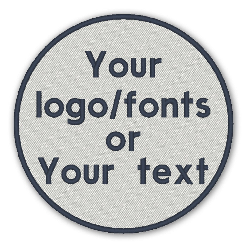 Personalized embroidered patch showcasing custom text and logo in a circular design.