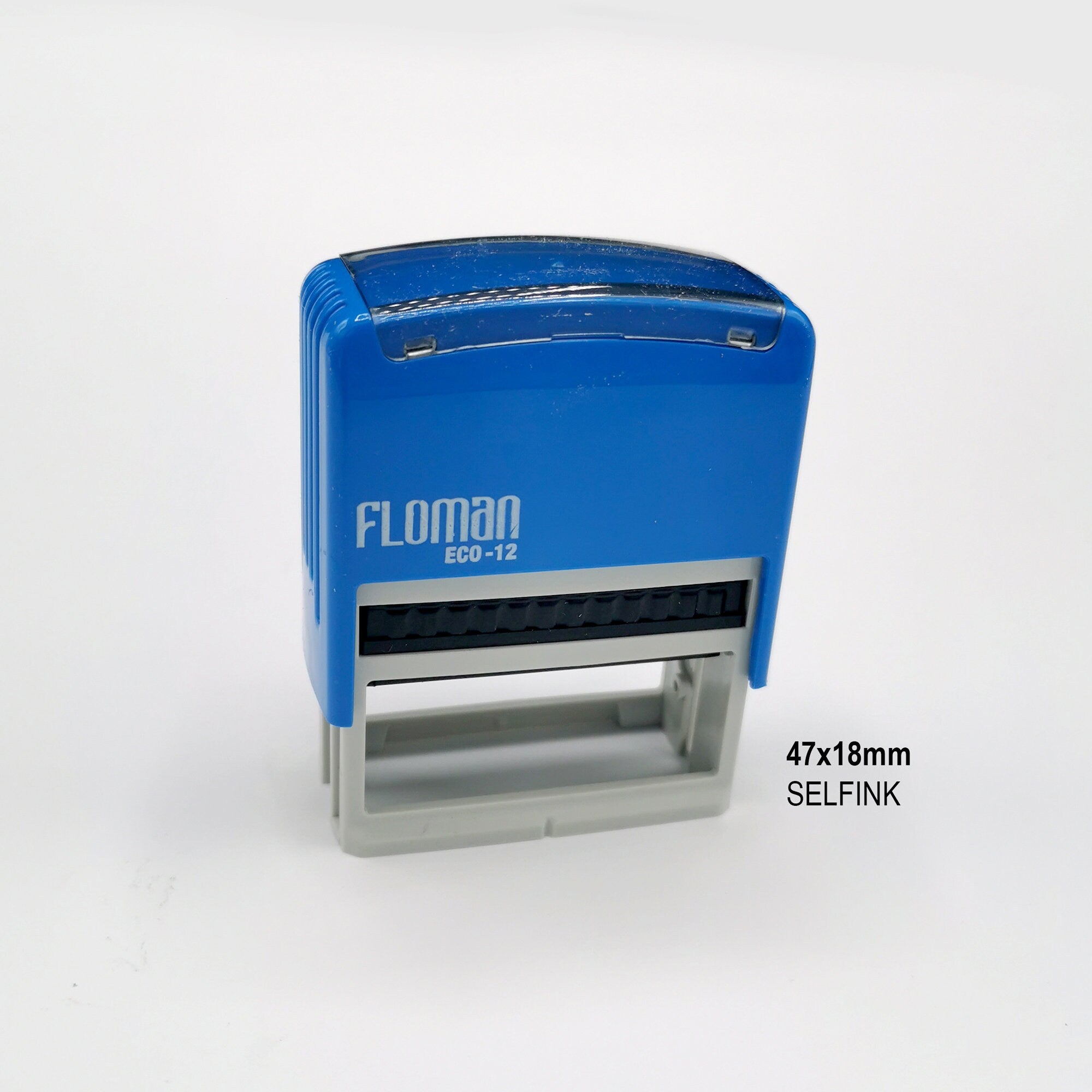 Blue self-inking stamp, Floman ECO-12, dimensions 47x18mm, perfect for custom address and return stamps.