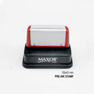 Maxor pre-inked stamp with red top and black base, dimensions 55x43 mm, ideal for custom stamping.