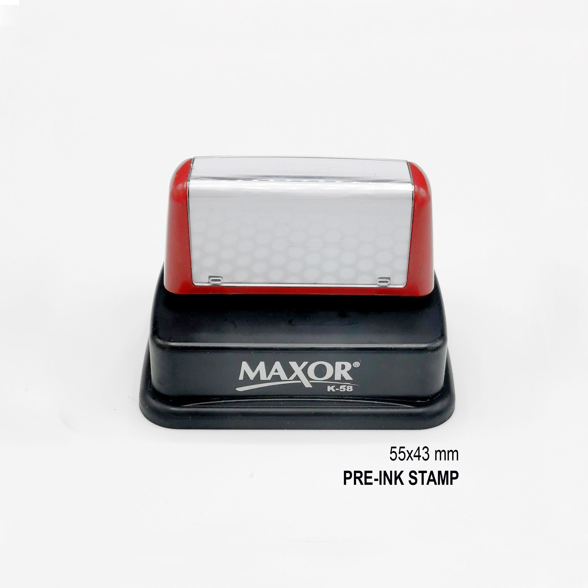 Maxor pre-inked stamp with red top and black base, dimensions 55x43 mm, ideal for custom stamping.