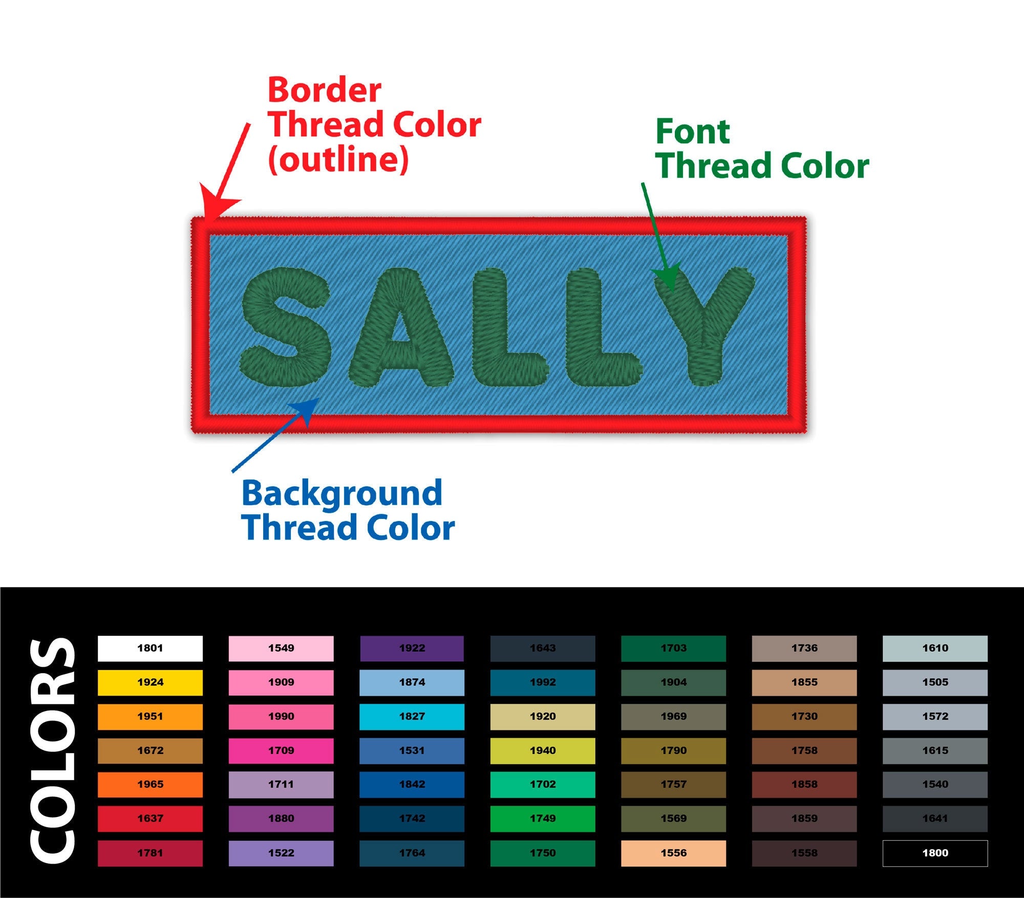 Personalised embroidered patch with the name 'SALLY', showing color options for border and background thread.