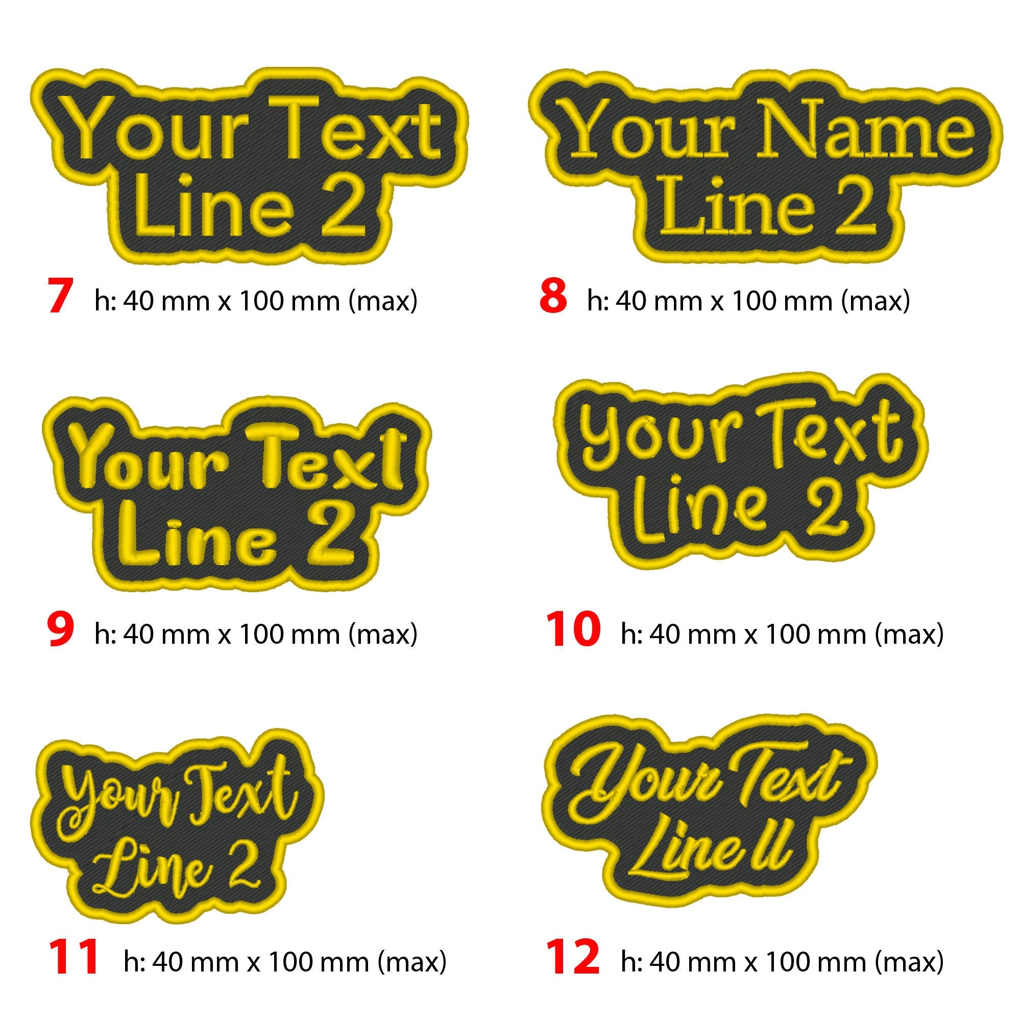 Custom embroidered name patches with vibrant colors and various sizes, perfect for personalization on clothing and accessories.