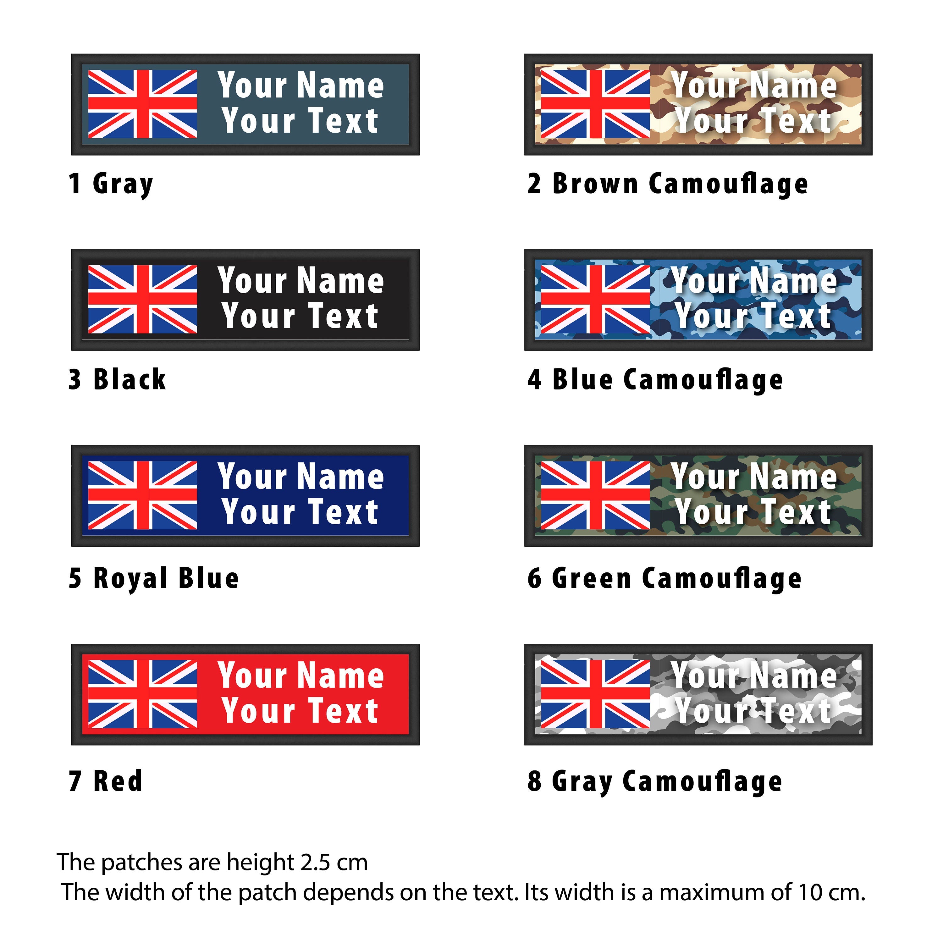 Personalized printed flag patches in various colors and designs, customizable with your name or text, height 2.5 cm.