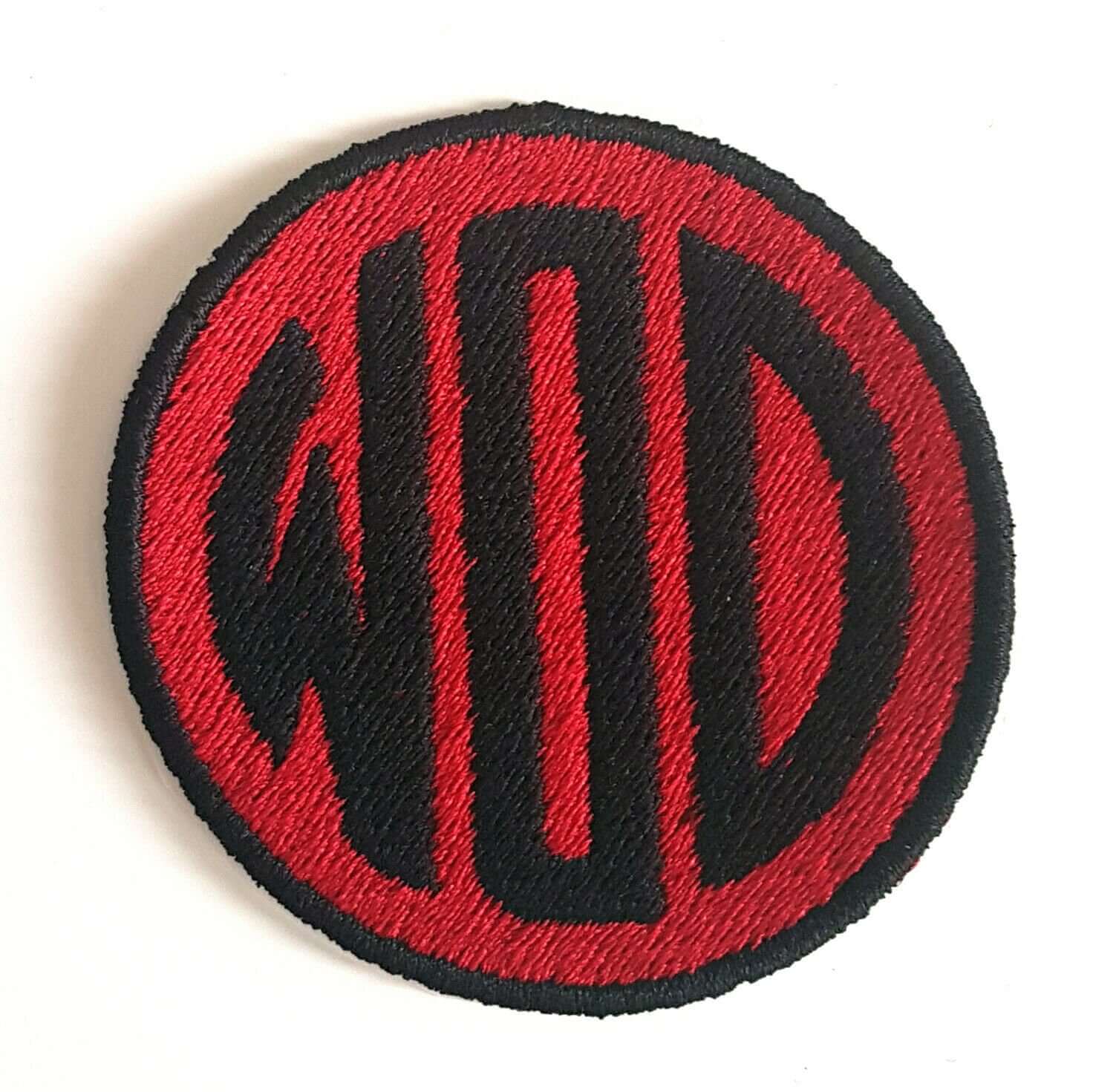 Custom embroidered WOD patch in red and black circle design, perfect for jackets and bags.