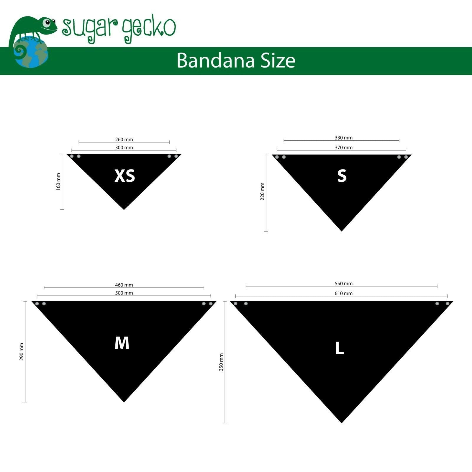 Size chart for personalised dog and cat bandanas showing XS, S, M, and L dimensions.