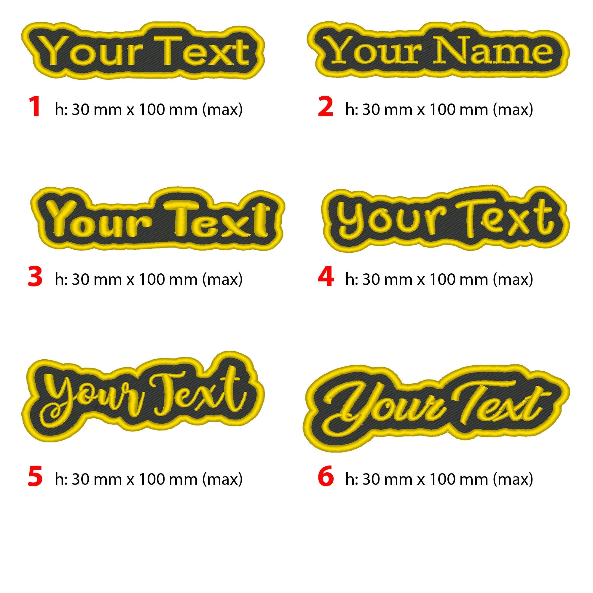 Custom embroidered name patches in various styles, ideal for personalization on bags and clothing.