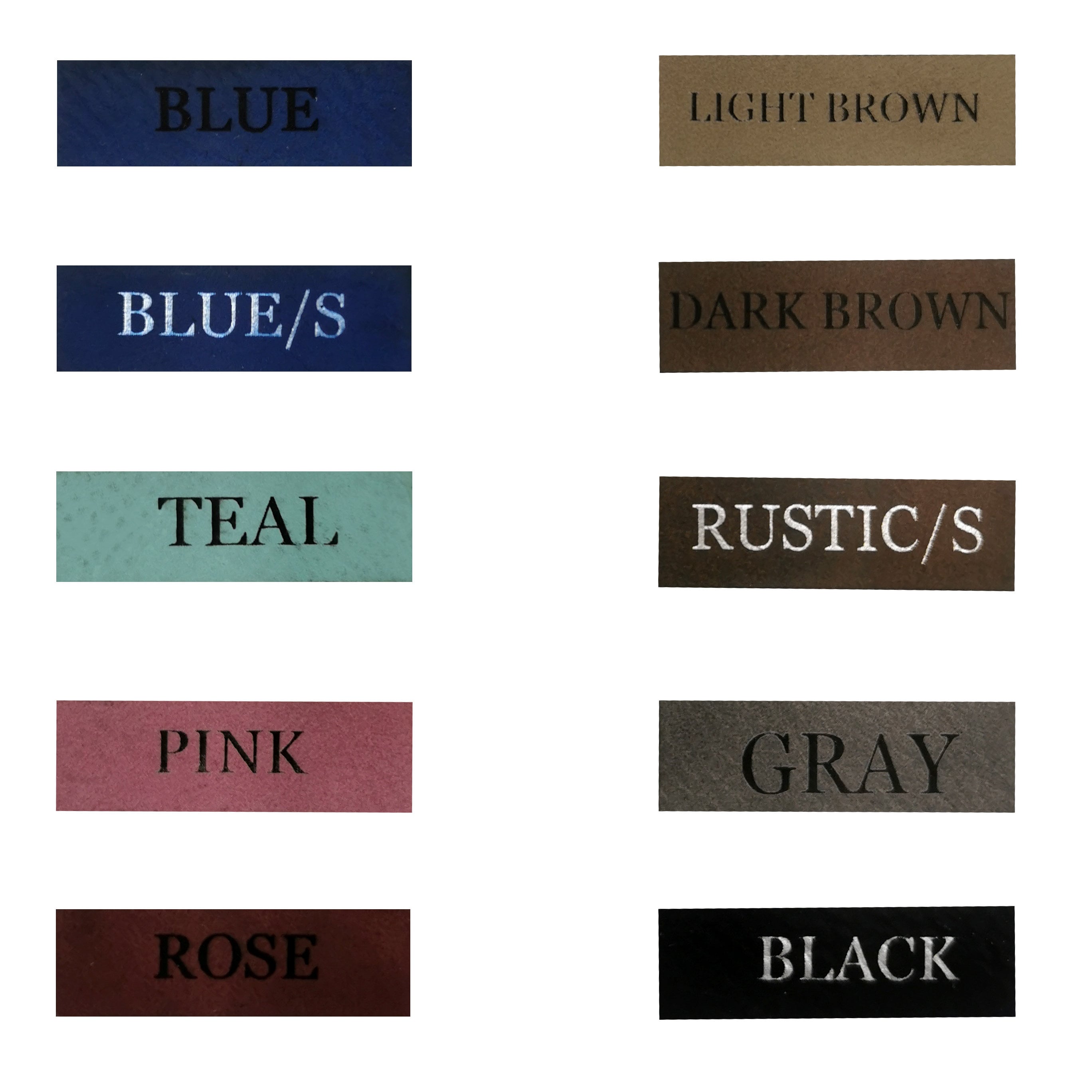 Color options for custom leather dog name tags: blue, light brown, dark brown, teal, rustic, pink, gray, rose, black.